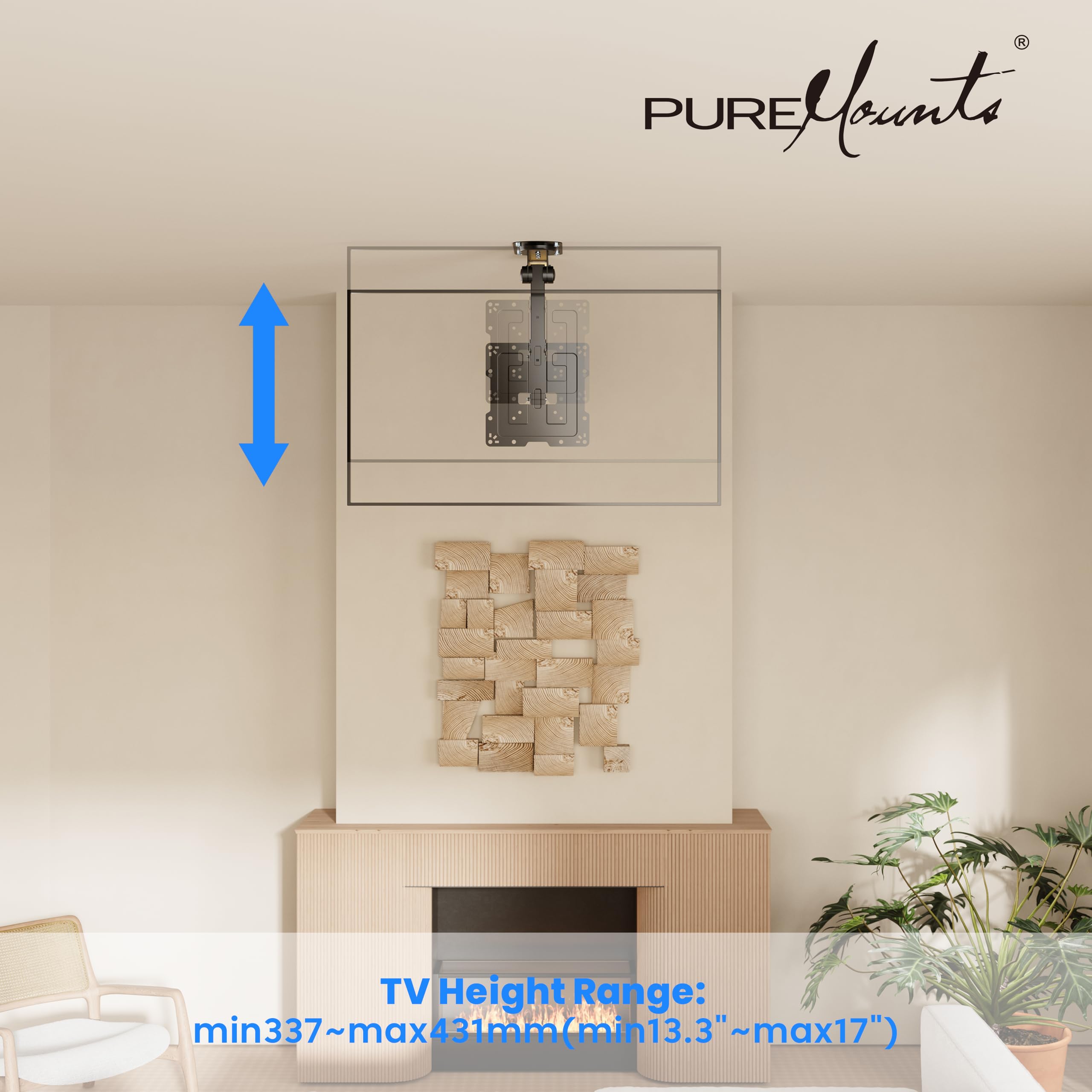 PureMounts Supporto a soffitto per televisori, adatto per 19-43 pollici, pieghevole, regolabile in altezza, orientabile, inclinabile, fino a VESA 200x200, nero