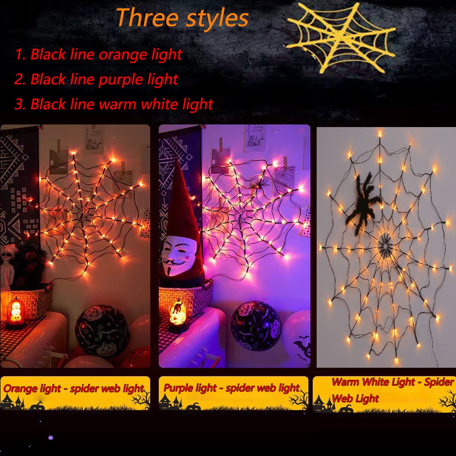 Halloween LED Spider Web Lights, 8 trybów świecące Spider Web Dekoracje Halloween, Halloween Spider Web Fairy Lights, na wystrój ogrodu Nawiedzony dom