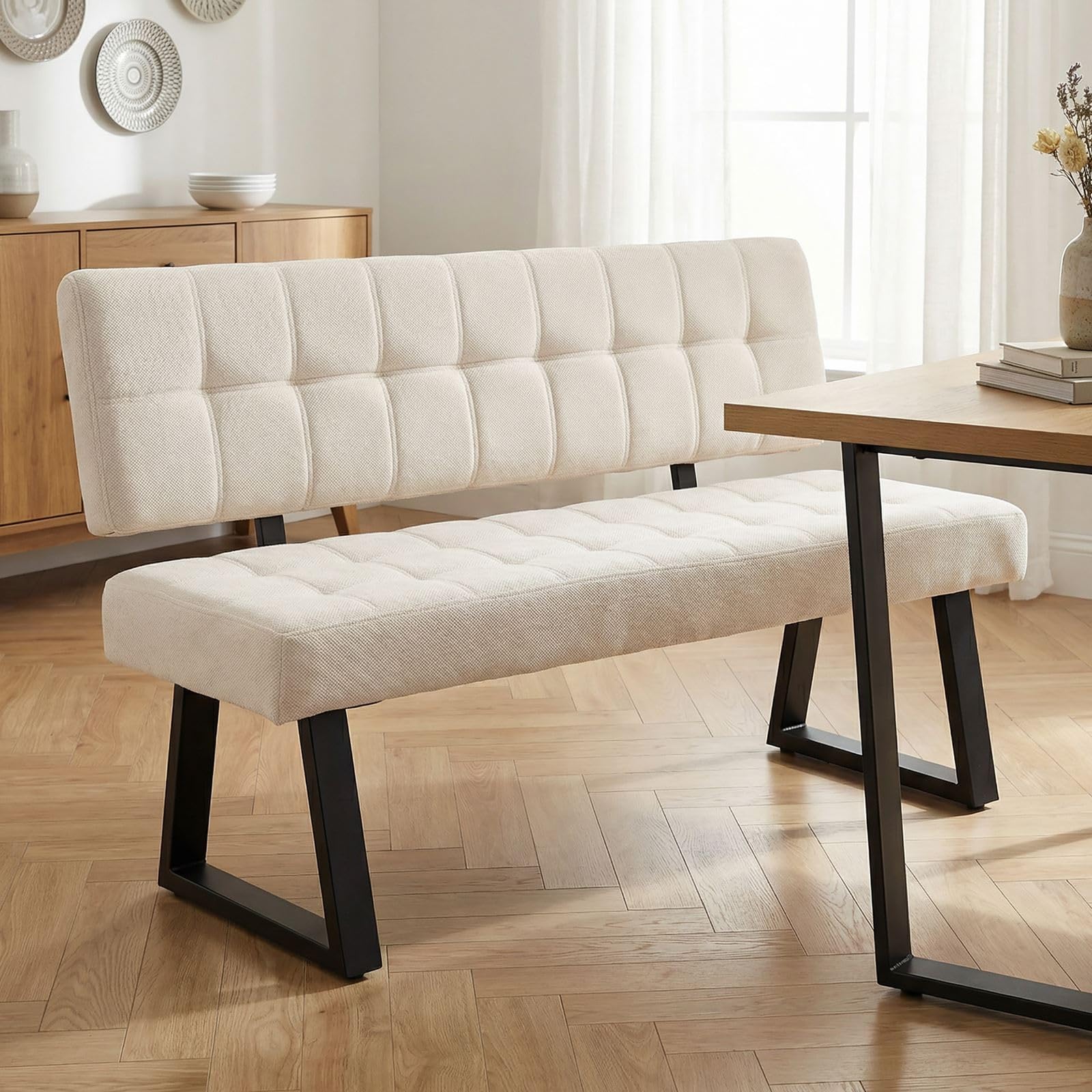 IDIMEX Esszimmerbank KLUPA, gepolstert, Cremeweiß - Moderne Sitzbank mit Rückenlehne, pflegeleichter Webstoff, stabiles Kufengestell, ideal für Küche und Wohnbereich, Platz für 3 Personen
