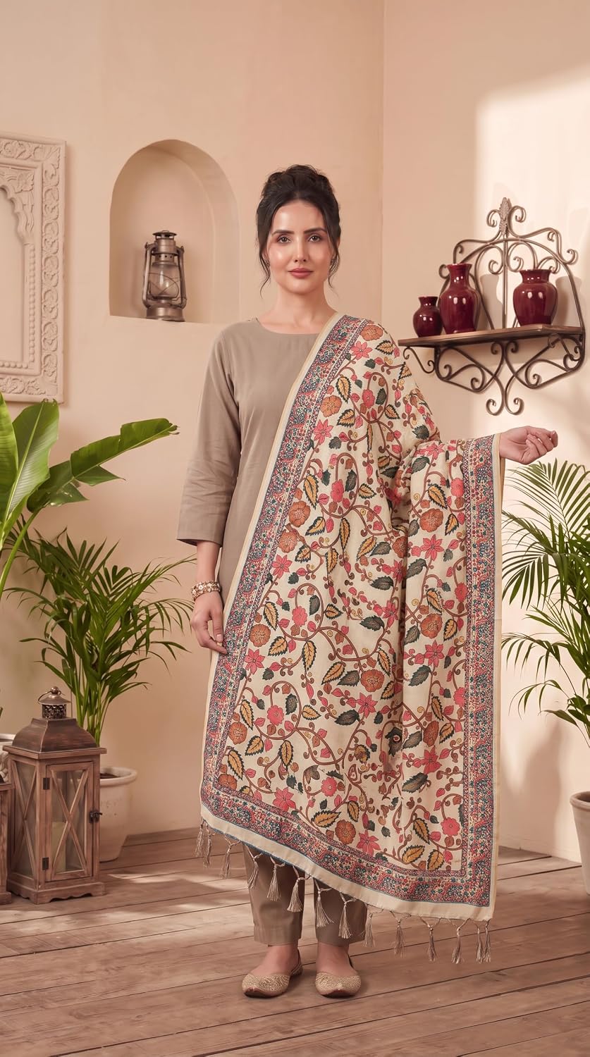 Elegant Floral Printed Ethnic Dupatta for Women Lightweight Pashmina Style Shawl Wrap with Ornamental Border Tassels Soft Drape Festive Wedding Party Stole for Traditional Fusion Wear