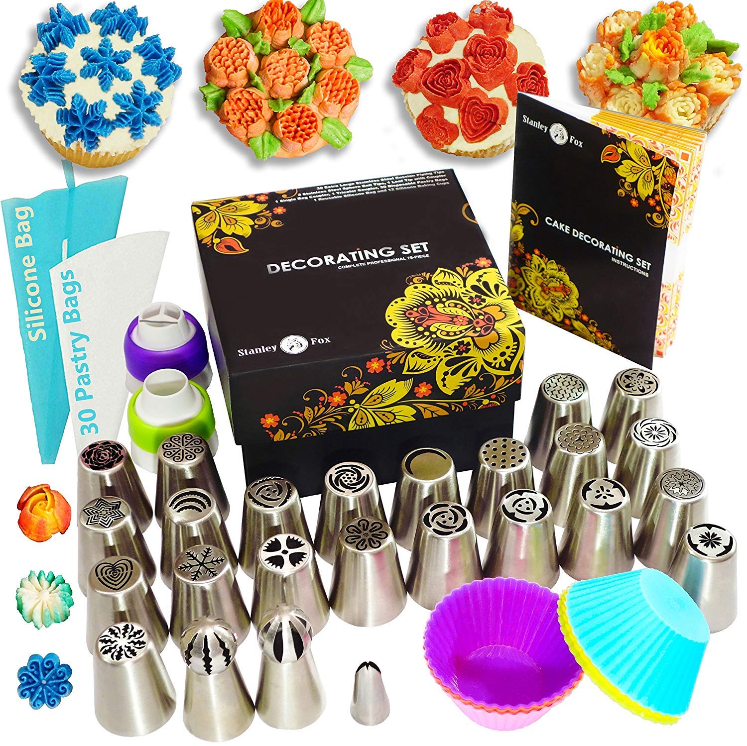 Russian Piping Tips Set 66pcs - Cake Cupcake Decorating Supplies kit- 25 Icing Nozzles Frosting and Sphere ball tips - 30 Pastry Bags - 6 Silicone cups - 30 Pastry bags - Couplers - Booklet - Box
