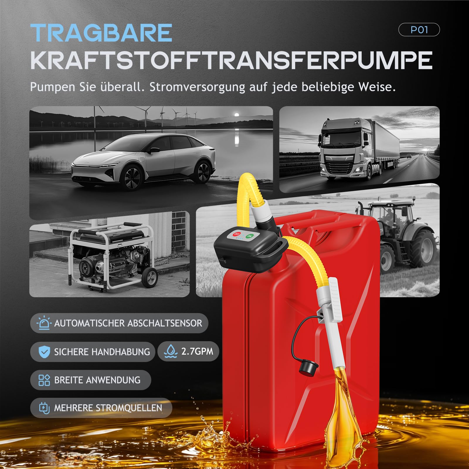 Tragbare Kraftstoff Umfüllpumpe mit Auto-Stopp-Sensor, 12L/min Elektrische Dieselpumpe mit Akku & Kabel, Wiederaufladbare Ölpumpe für für Kanister, Kraftstofftanks, Rasenmäher, ATV, Boote, Camping