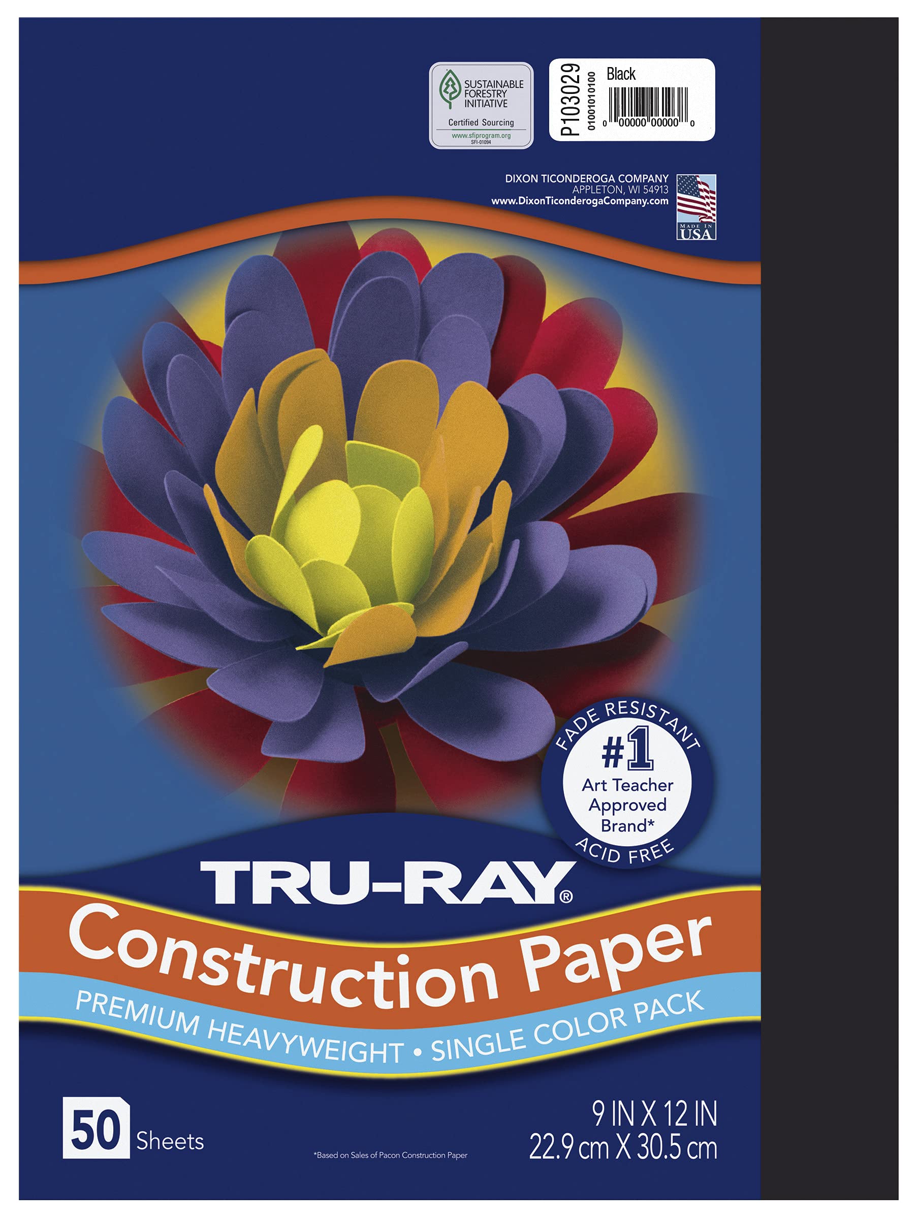 Pacon Tru-Ray Heavyweight Construction Paper, Black, 9" x 12", 50 Sheets, Sulphite Construction Paper