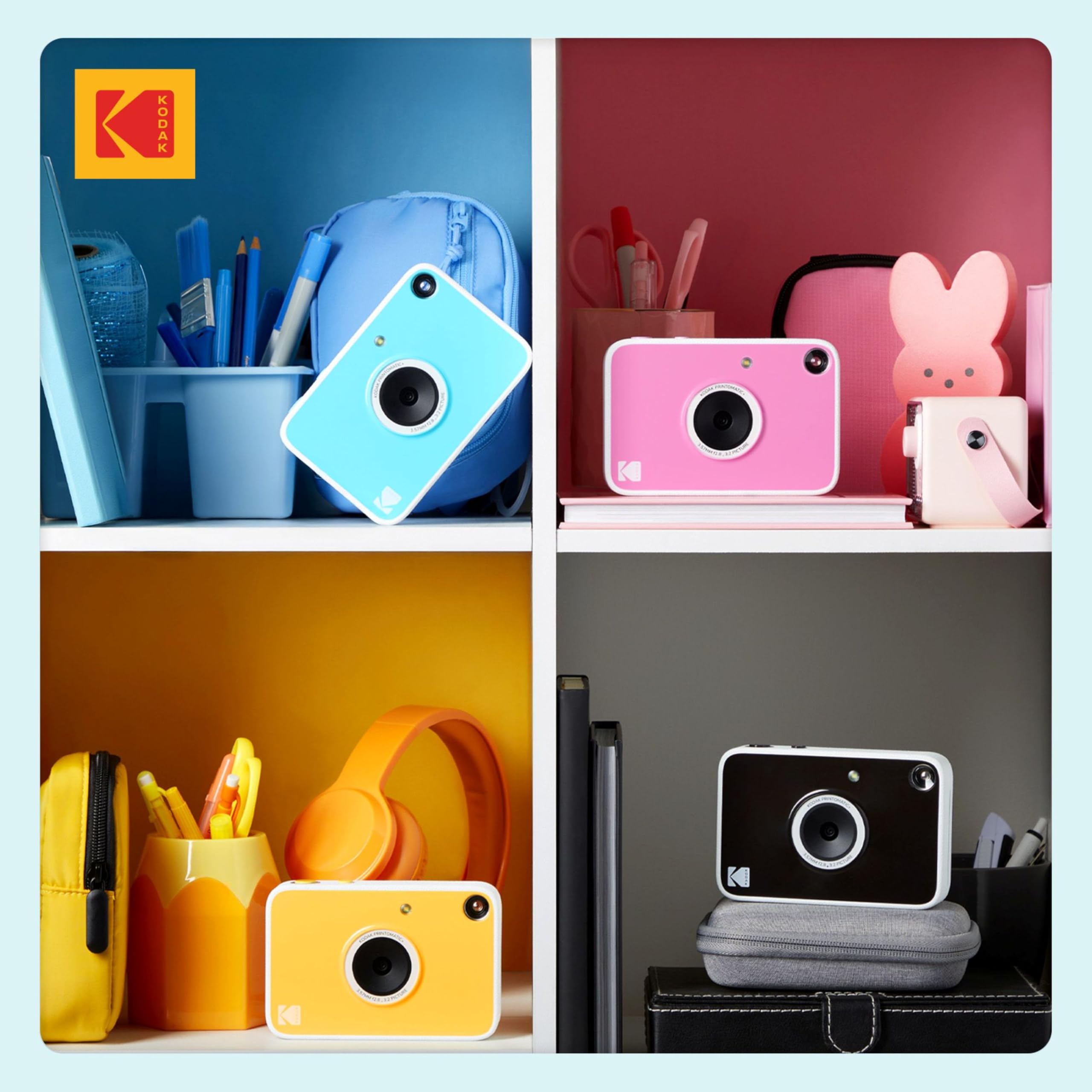 KODAK Printomatic+ - Kit di base per fotocamera digitale a stampa istantanea, custodia da trasporto e carta fotografica Zink con retro adesivo, 10 MP, foto a colori, indicatore di stato a LED GB