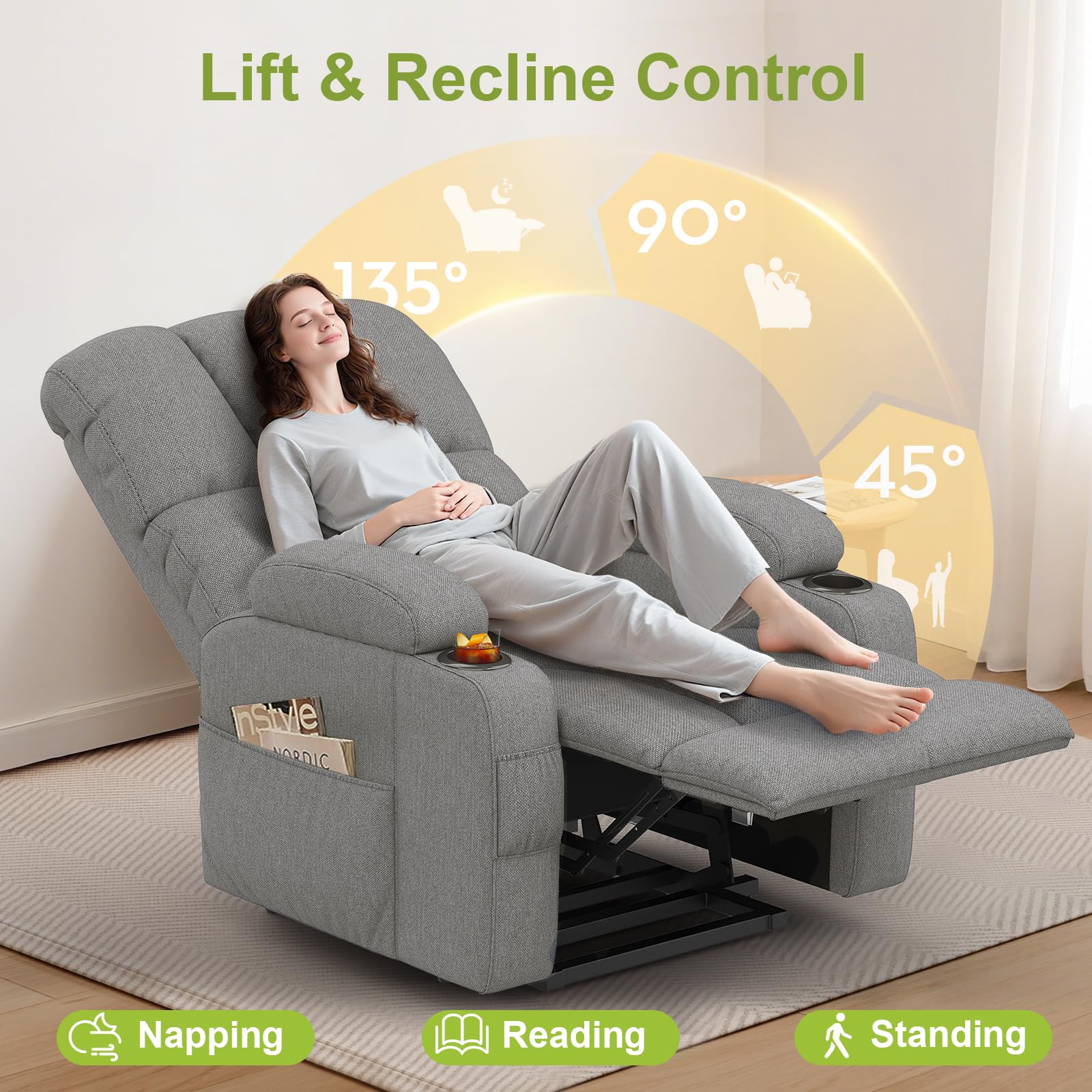 Sillón de relax de masaje, eléctrico, ajustable, con función reclinable, función de masaje, función de calor, tipo C y puertos USB, 4 bolsillos laterales, 2 soportes para bebidas, sillón de
