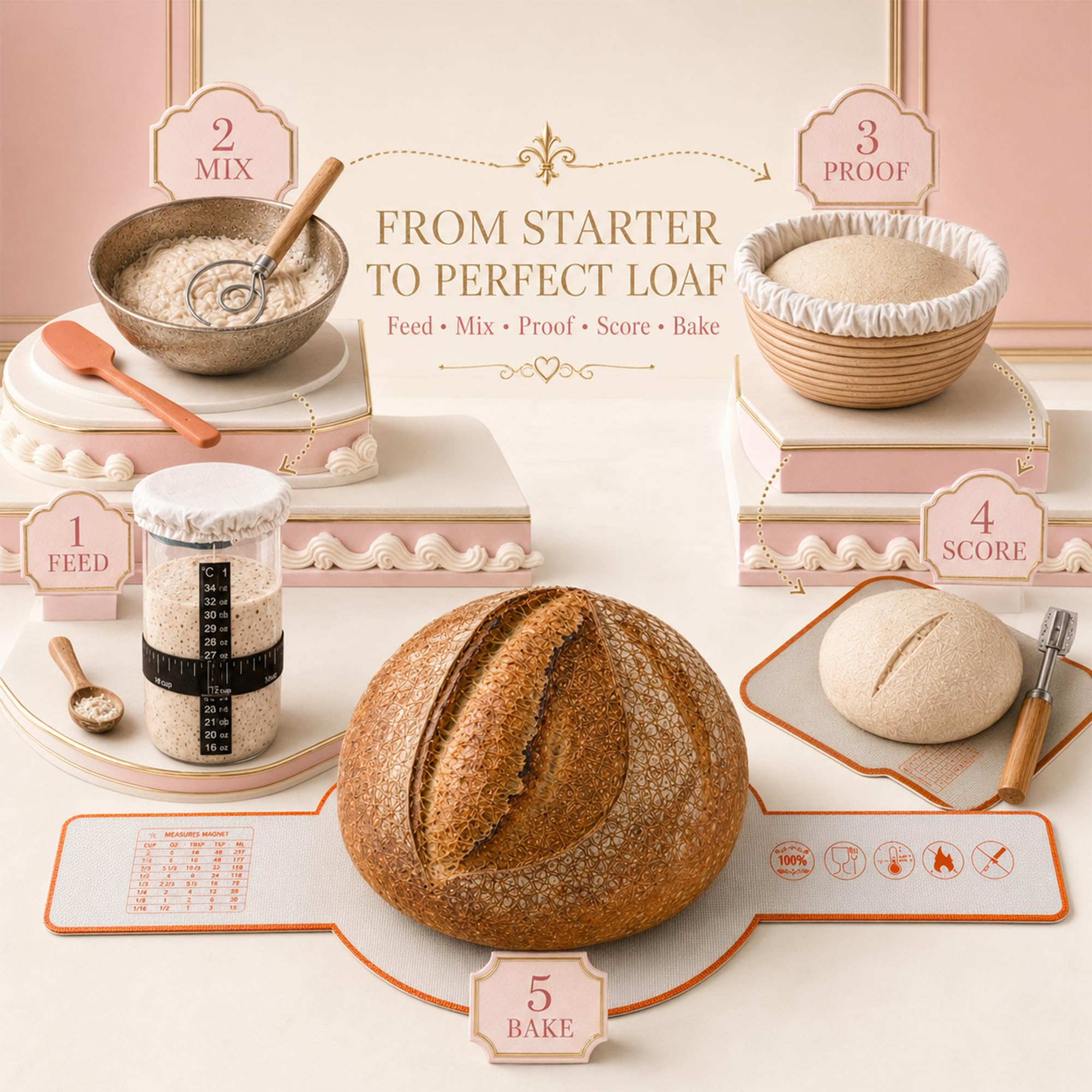 Kit per principianti con cestini rotondi e ovali in rattan | Kit per la preparazione del pane da 38 pezzi con barattolo, fionda per il pane, frusta, raschietto e strumenti da forno, rosa