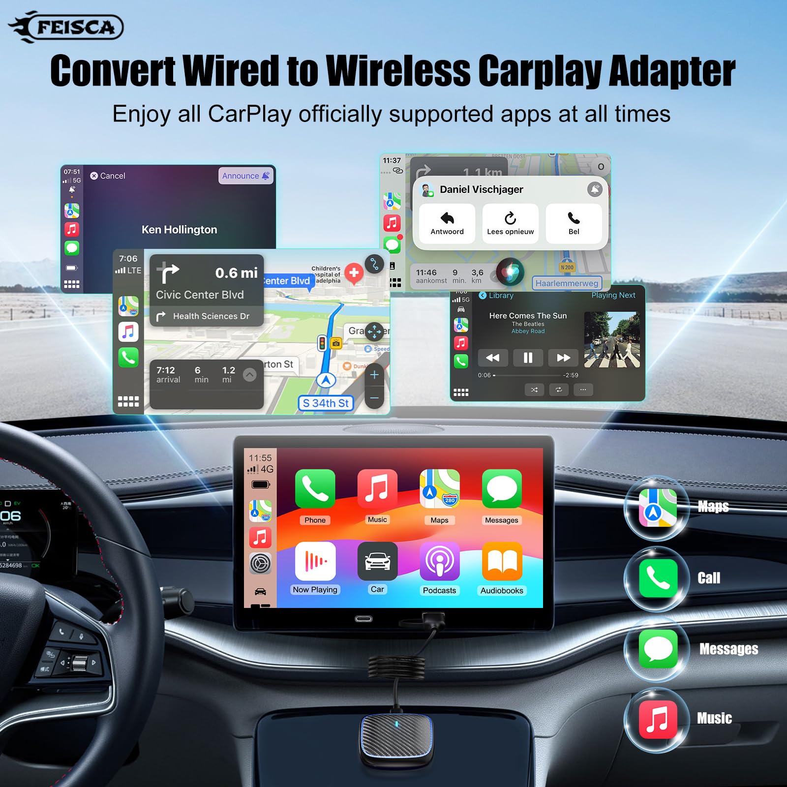 Feisca Wireless CarPlay Adapter for iPhone,Convert Wired to Apple Car Play Wireless Adapter, Plug and Play, with 60CM Extension Cable USB & Type-C, Connection Stable No Delay