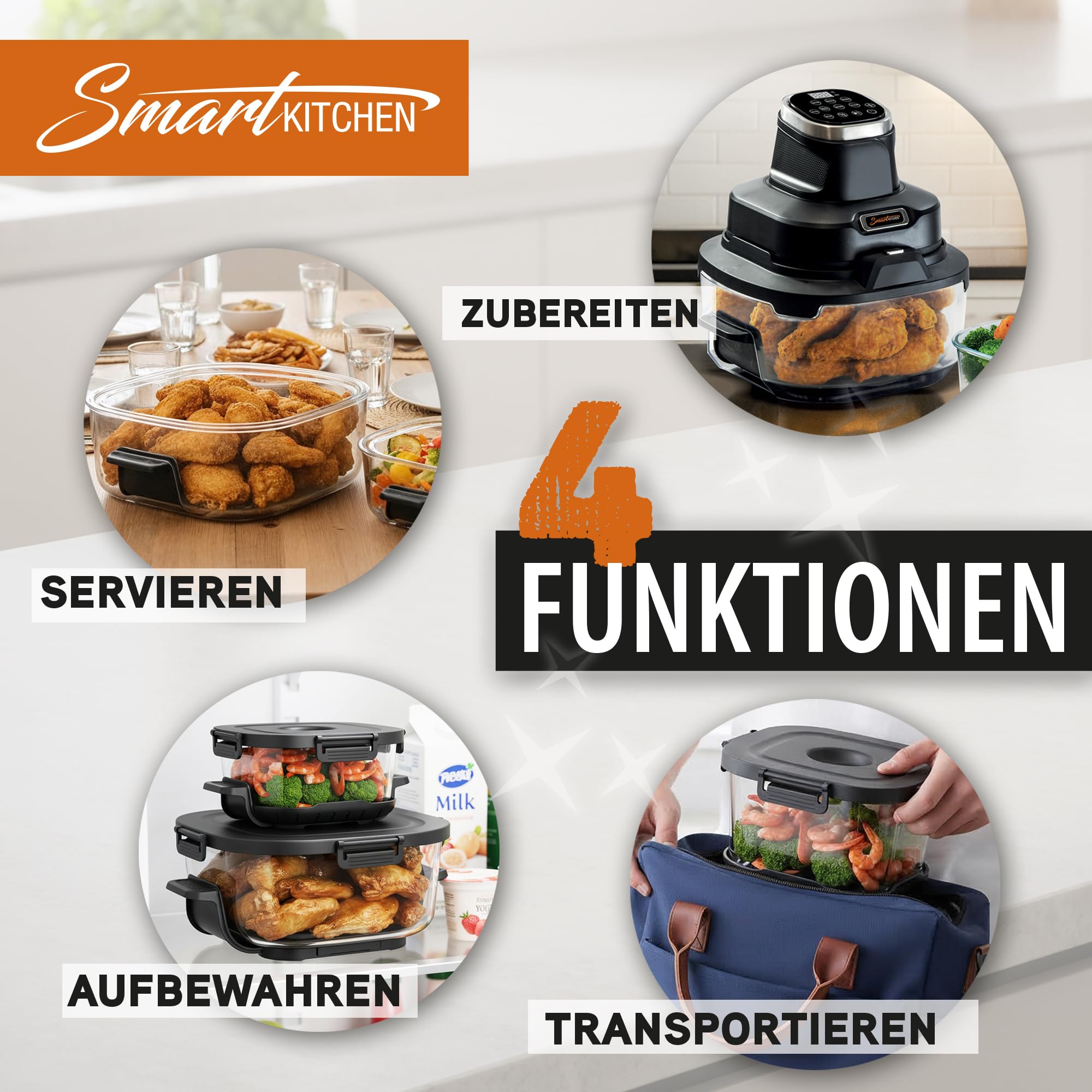 Smart Kitchen Szklana frytkownica na gorące powietrze 4 w 1 – Air Fryer do pieczenia, recrisp i max crisp – 4 l + 1,5 l szklany pojemnik Turbo tower pro – Kompaktowa i przenośna – Czarna