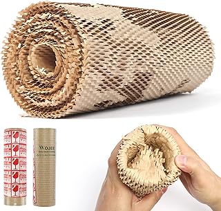 Honeycomb Packing Paper Eco-Friendly Bubble Cushioning Wrap Roll with 12 Fragile Sticker Labels, Recyclable Kraft Packing Paper for Moving, Shipping Suppliers (15 Inch x 132 Feet, Brown)