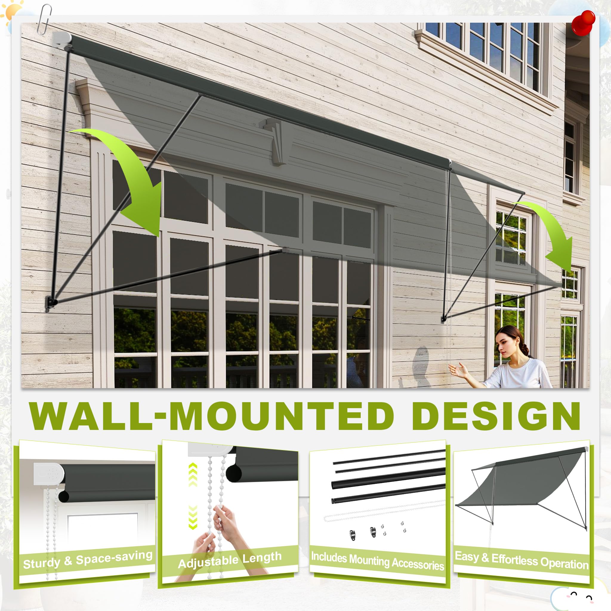 UISEBRT Store de fenêtre rétractable 300 x 145 cm, store de balcon avec cordon et barre de support en aluminium, protection UV, résistant aux intempéries, pour fenêtre, terrasse, balcon, anthracite