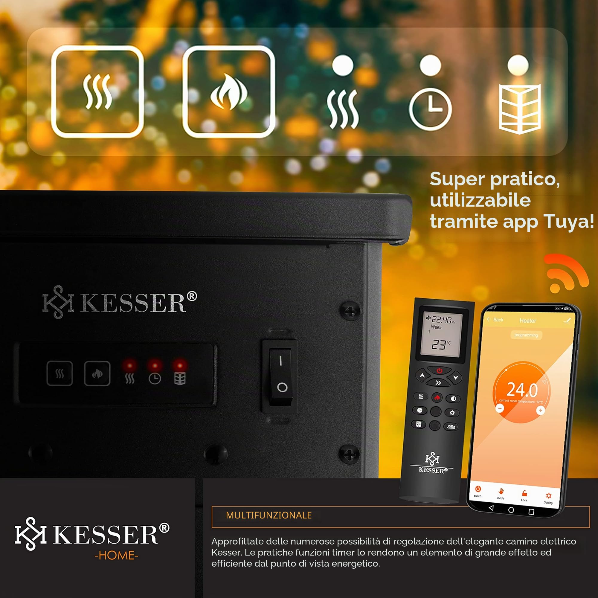KESSER® Prio Camino Elettrico con Stufa, Termoventilatore, Telecomando, 950/1900 W, Caminetto Elettrico con Effetto Fiamma LED, Rilevamento Finestra Aperta, Fattura Robusta, Telecomando Incluso
