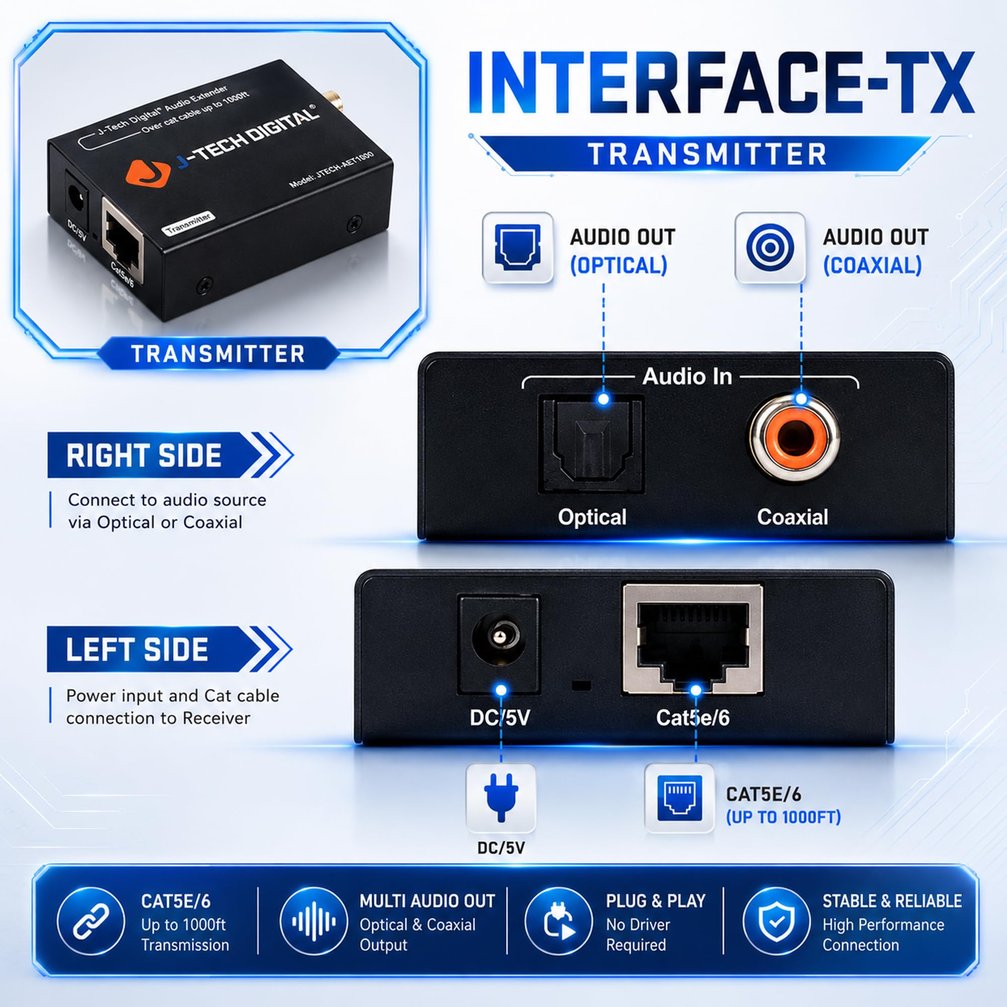 J-Tech Digital Digital Audio Extender Converter for Optical/Coaxial Audio Over Single Cat5e/6 Cable (PoC) up to 990’ (300m) for Dolby Digital, DTS 5.1, DTS-HD, PCM [JTECH-AET1000]