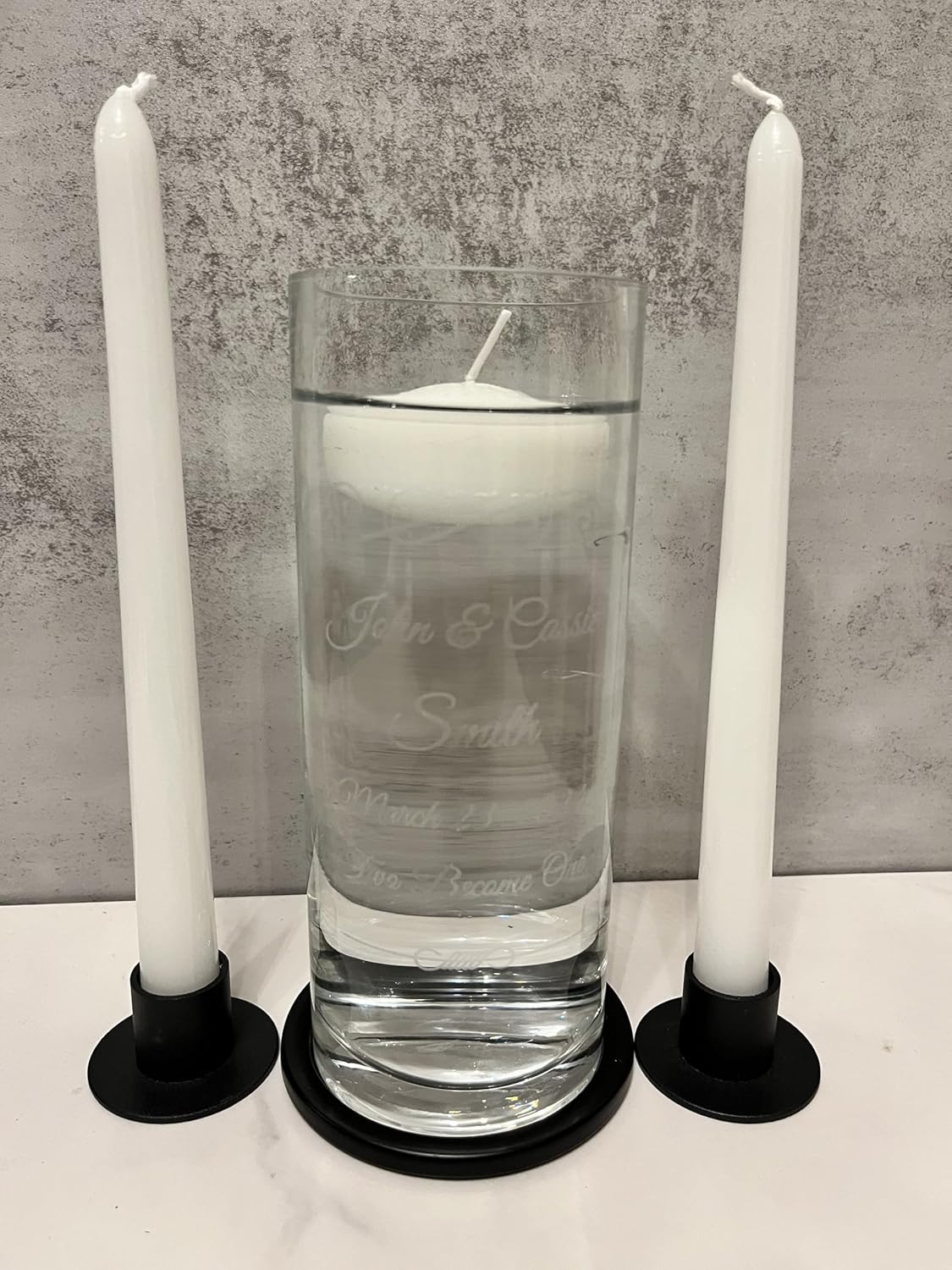 Wedding Unity Candle Set, Floating Glass Holder with Black Taper Candles, Personalized Ceremony Set