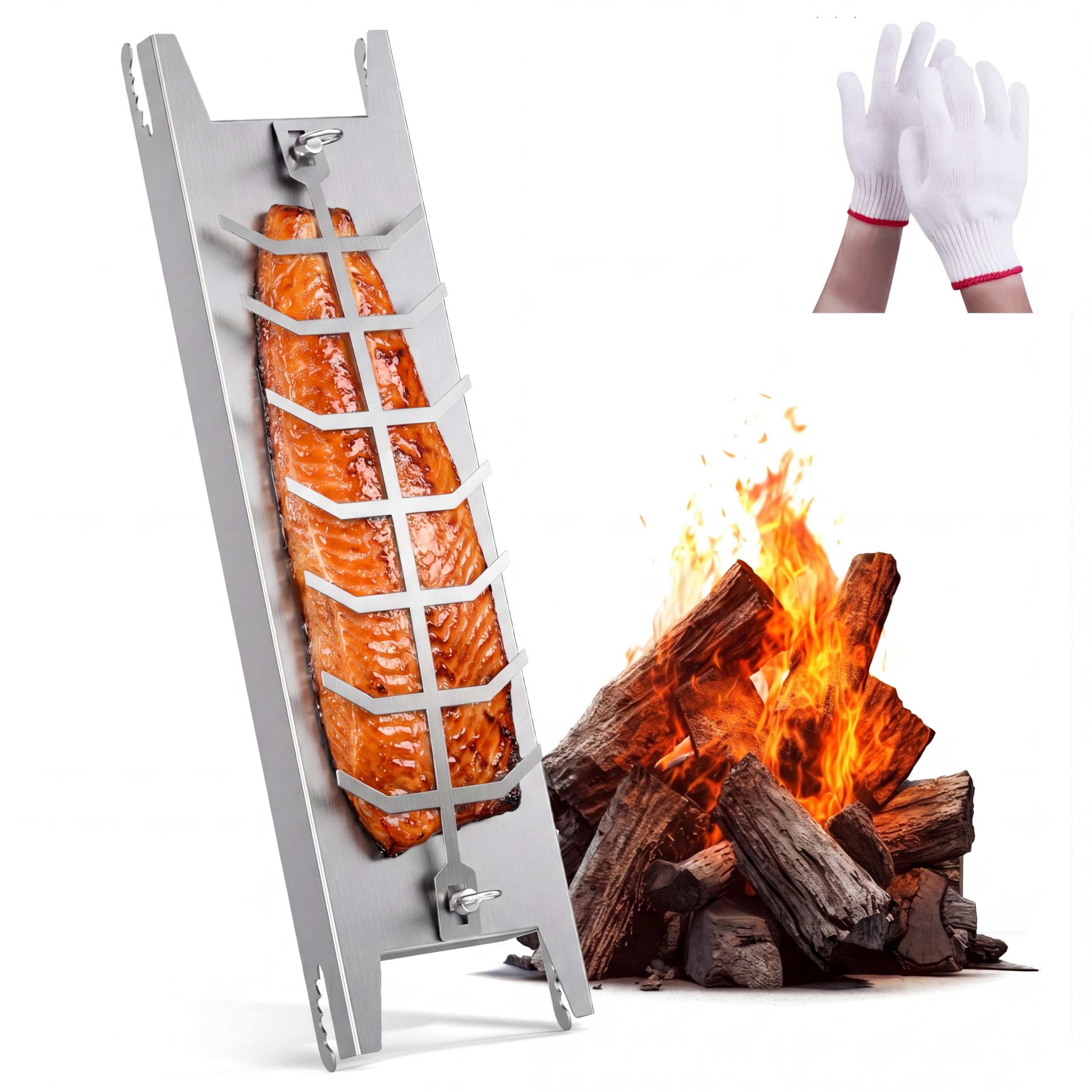 Flammlachsbrett Edelstahl [59,5cm] Extra Langer Flammlachshalte, 180° Drehbar & 5-Stufig Einstellbarer Neigungswinkel, Spülmaschinenfest, Langlebig, Flammlachsbretter für Feuerschale und Kugelgrill