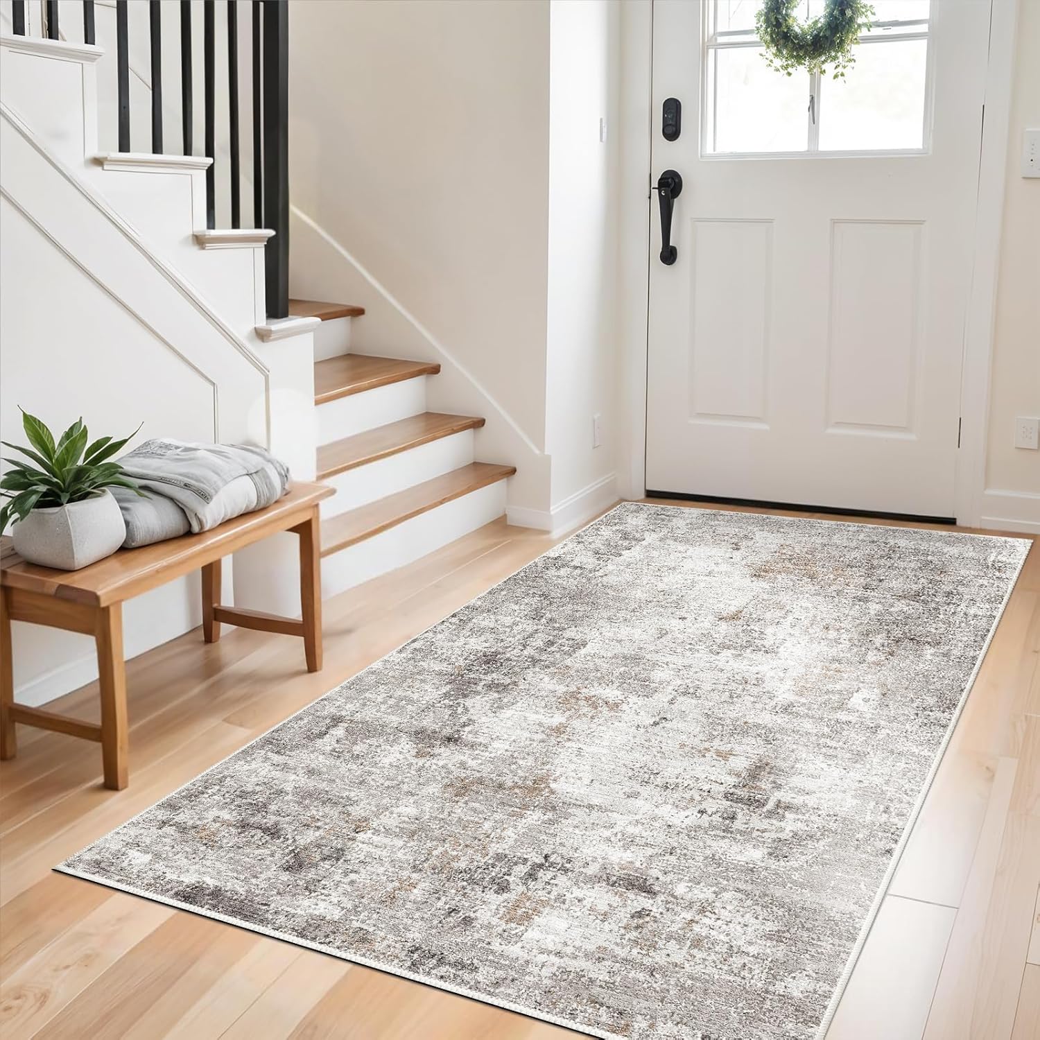 3x6 Washable Non-Slip Kitchen Runner Rug with Rubber Backing Modern Abstract Stain Resistant Floor Carpet Runner for Hallway, Entryway, Bedroom, Living Room - Beige/Grey/Brown