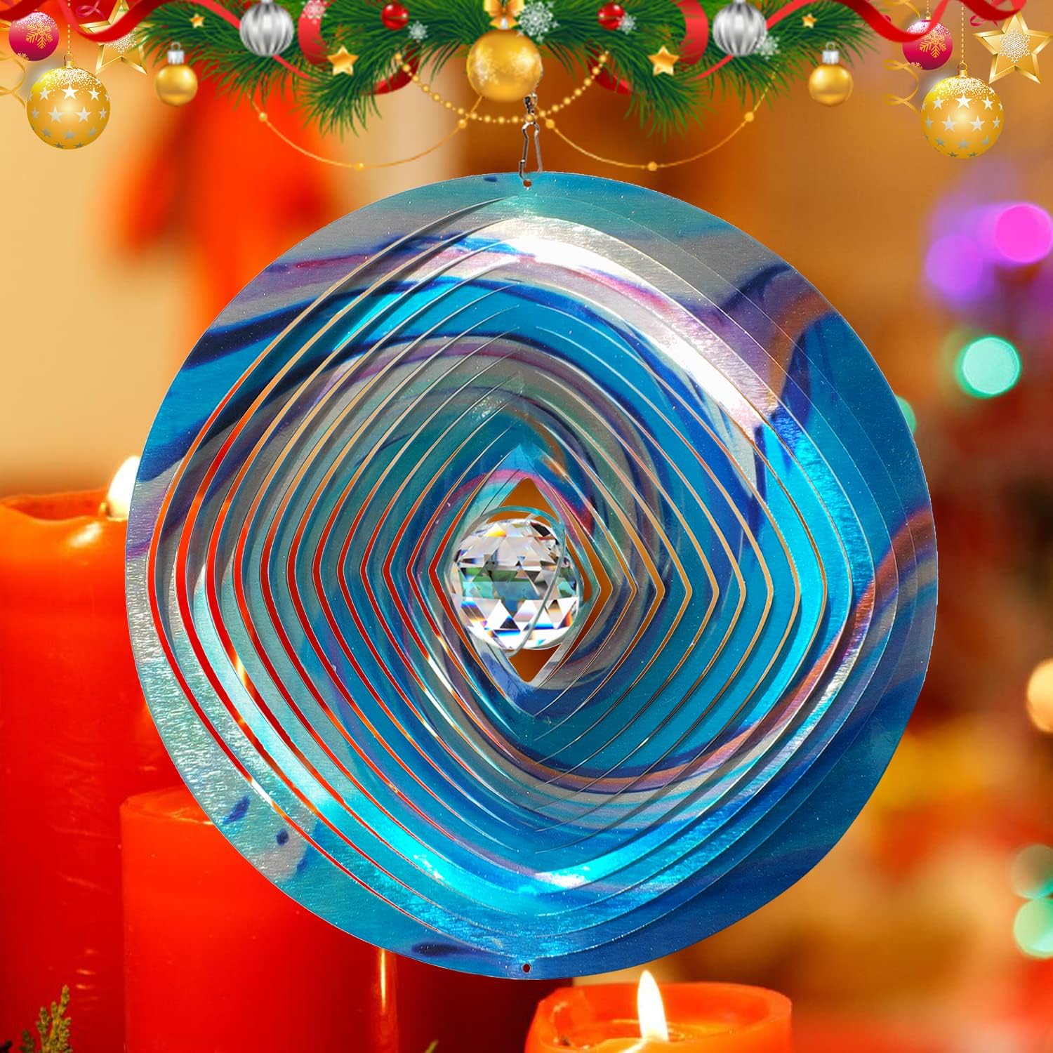 FONMY Mandala Wind Spinner w/Crystal Ball 3D Stainless Steel Hanging Wind Spinner Worth Gift Christmas Decoration Indoor/Outdoor Garden Décor Kinetic Yard Art 12 Inches Multi Blue Wind Sculpture - Image 2
