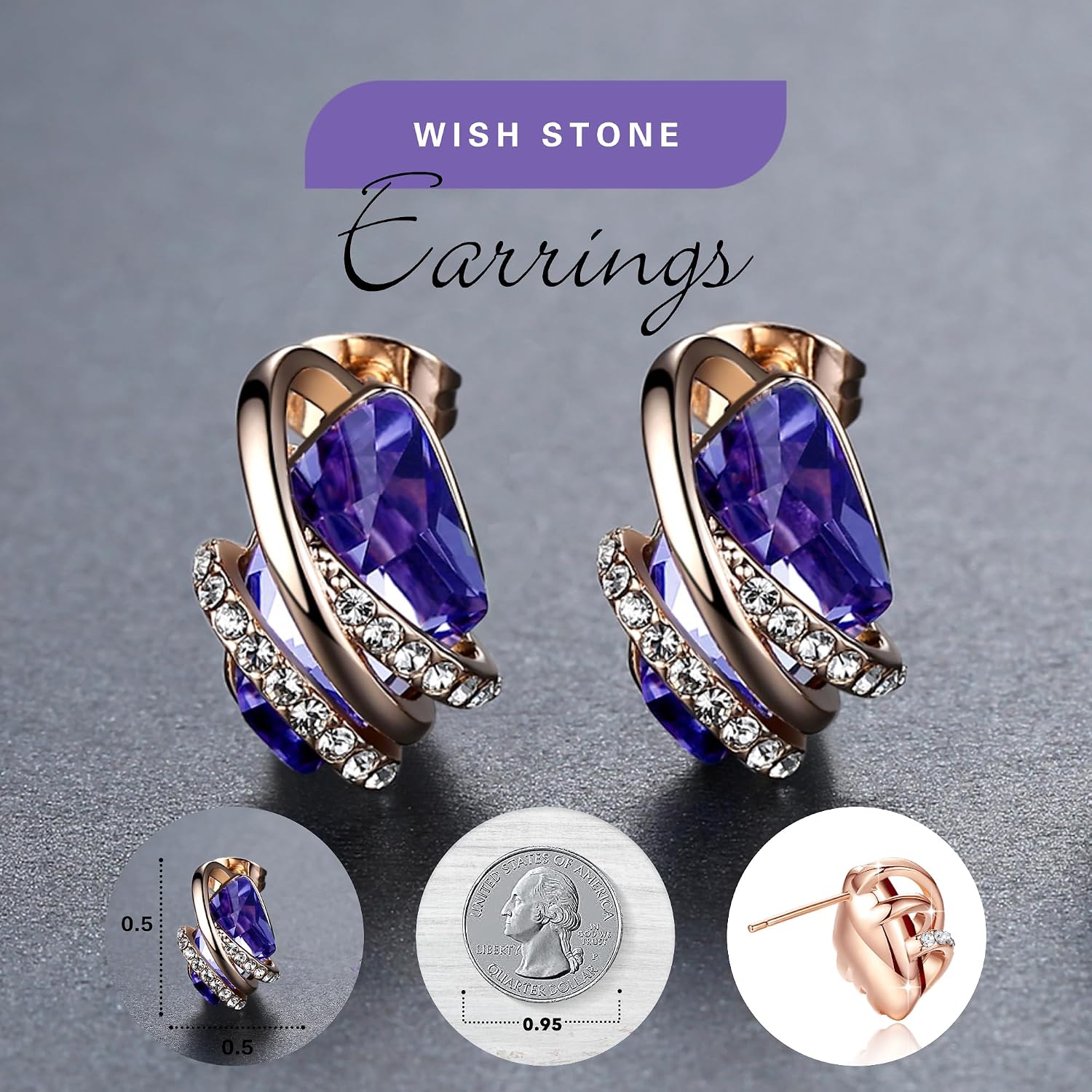 Leafael Gifts for Women, Wish Stone Stud Earrings with Birthstone Crystals, 18K Rose Gold Plated or Silver-tone image 2