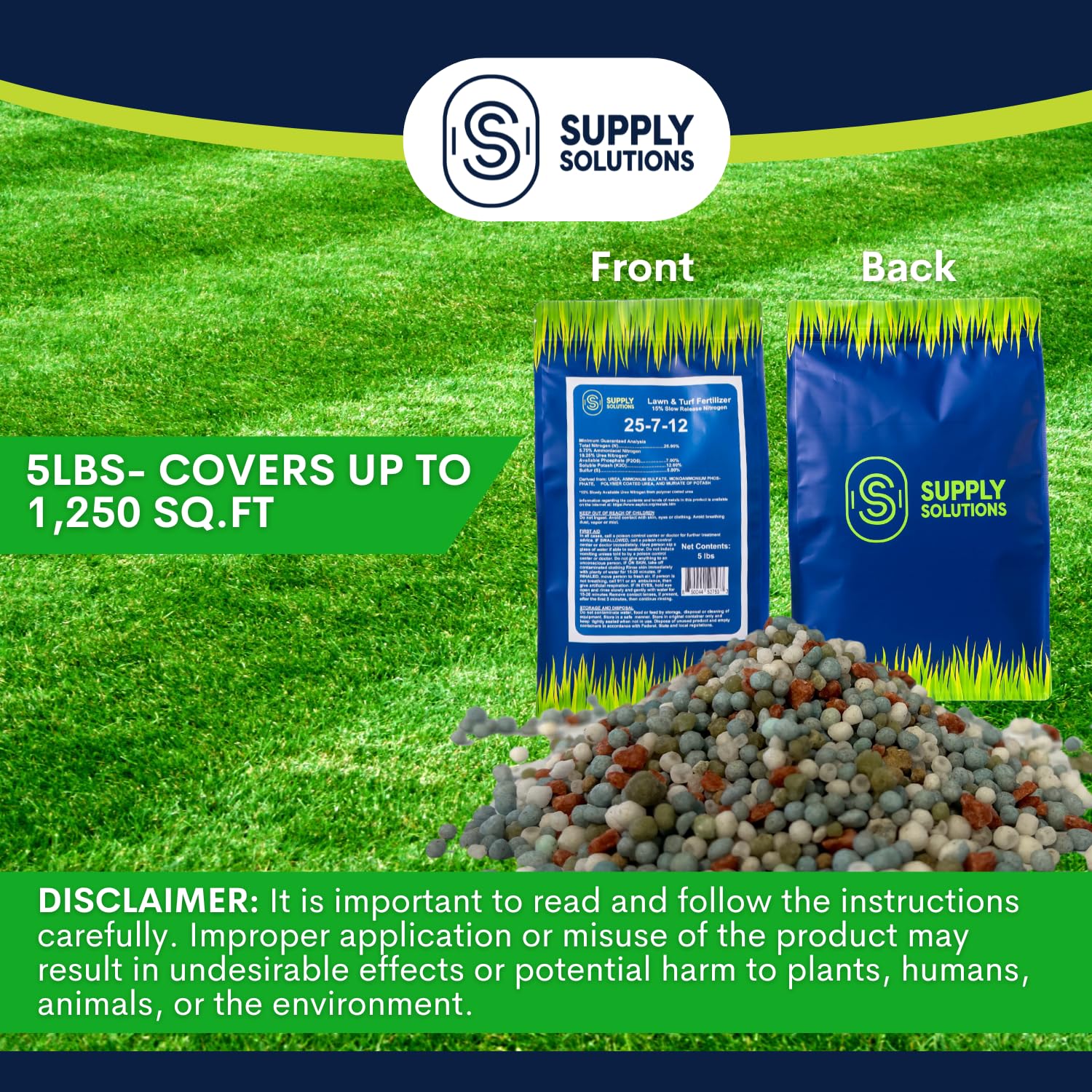 Supply Solutions 25-7-12 Lawn and Turf Fertilizer - 15% Slow Release Nitrogen Lawn Fertilizer for All Grass Types, Shrubs - Turf Builder Plant Food Covers 1,250 sq.ft (5lbs)