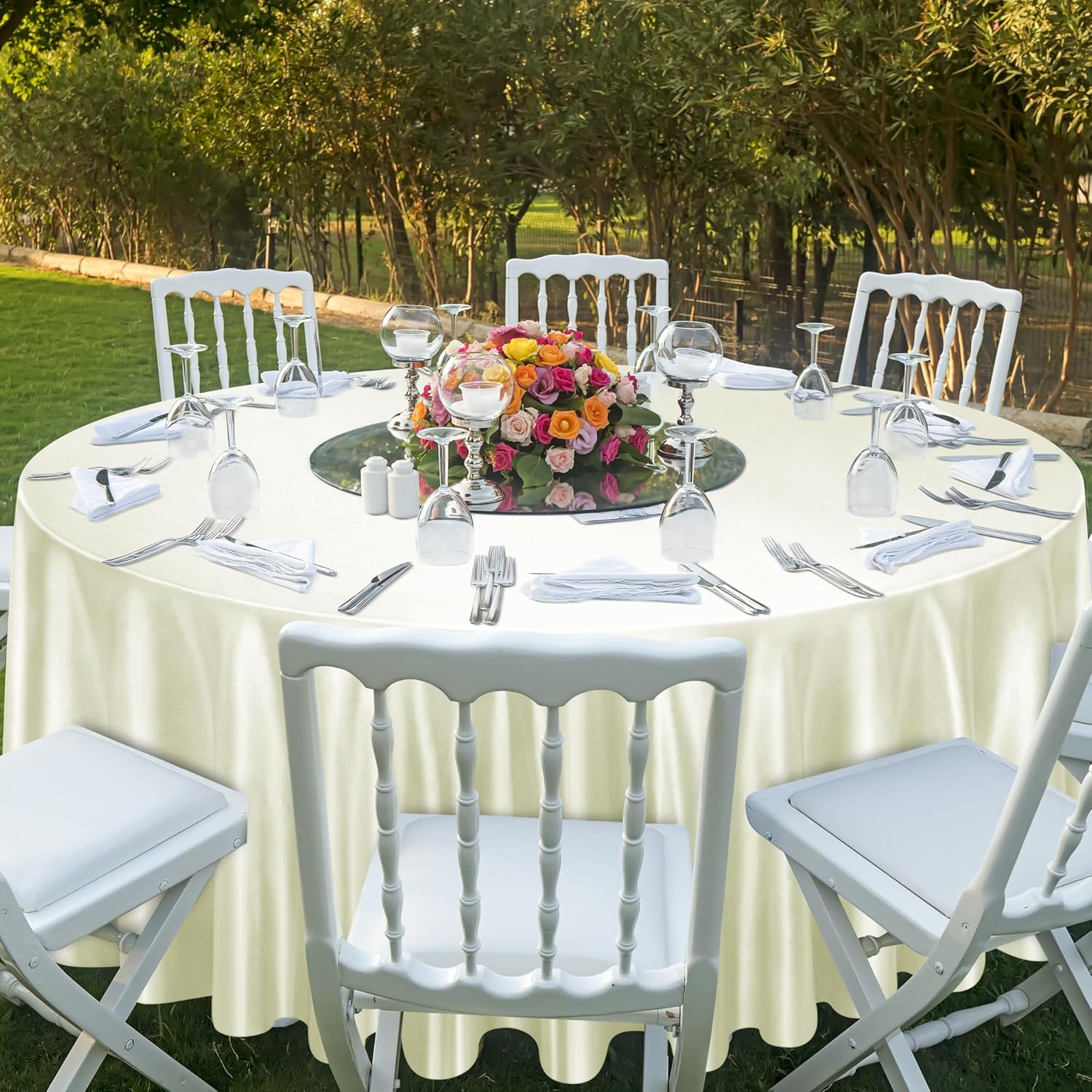 Ruisita 120 Inches Round Satin Tablecloths Ivory Overlay Round Satin Table Cover Bright Silk Smooth Fabric Tablecloth for Wedding Banquet Tables Decoration - Image 6