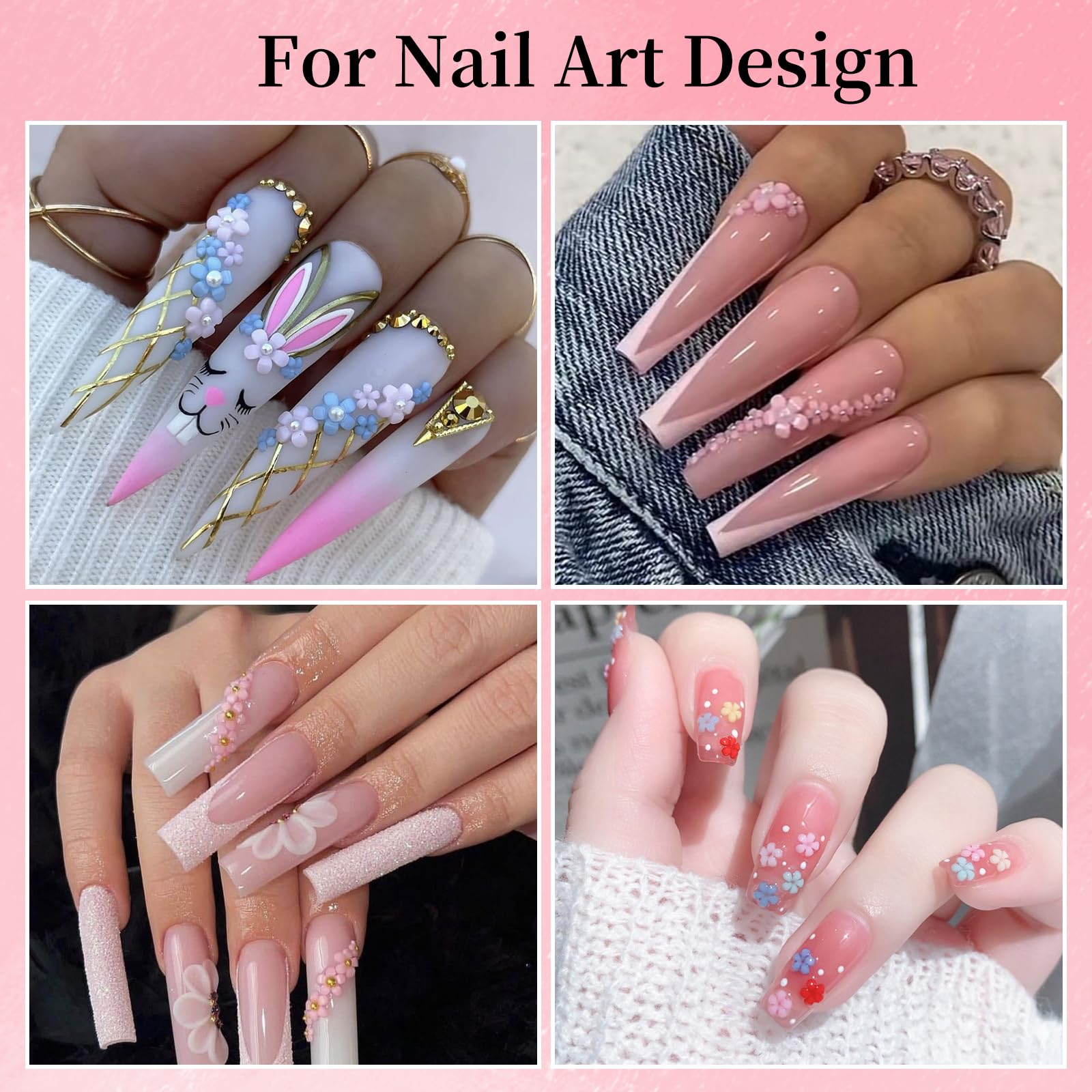 Dijes 3D coloridos para arte de uñas, acrílico blanco y rosa, flor de cerezo, pétalo de primavera, metal, oro, plata, cuentas redondas de caviar, perlas de diamantes de imitación para manicura y
