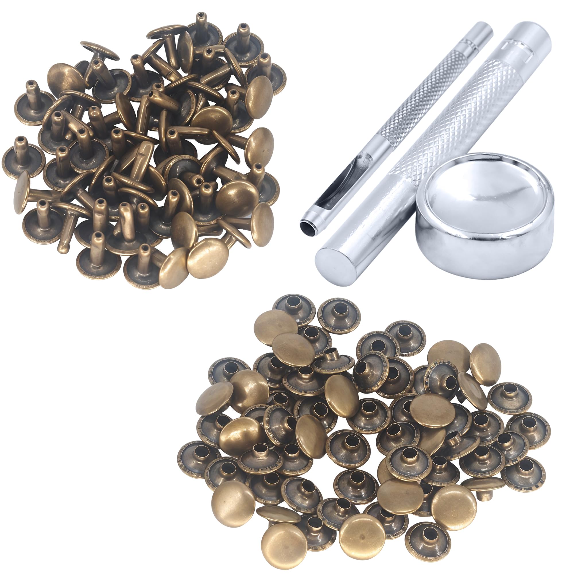 WedDecor Double Cap Tubular Rivets Studs & Tool Kit for Leathercraft, Bags, Belts, Dog Collar, Footwear, Fabric Decoration, DIY Craft Projects, 10mm, Bronze, 100pcs