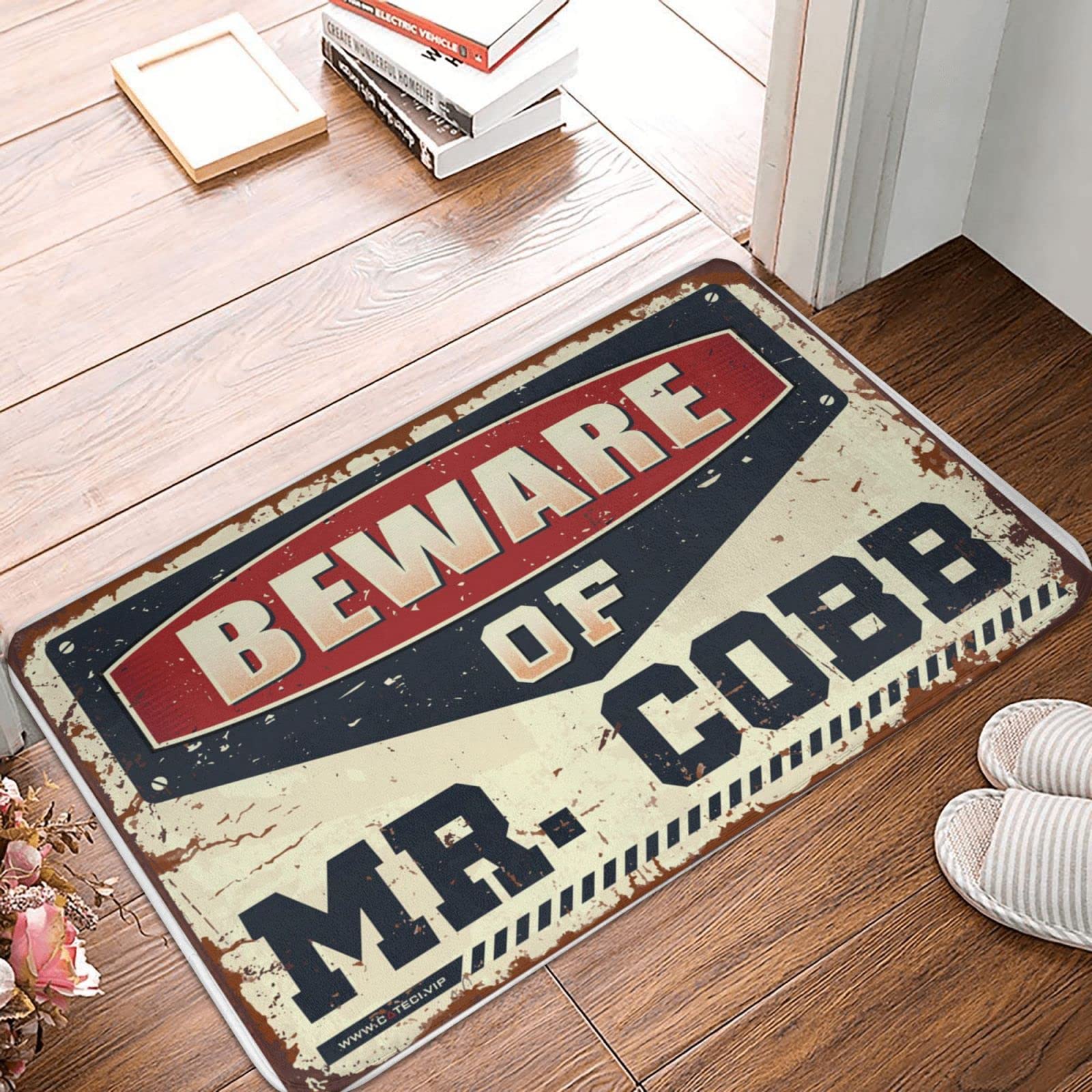 Felpudo interior con el texto "Beware of Mr. Cobb" para puerta delantera, exterior, cueva de hombre (65 x 90 cm)