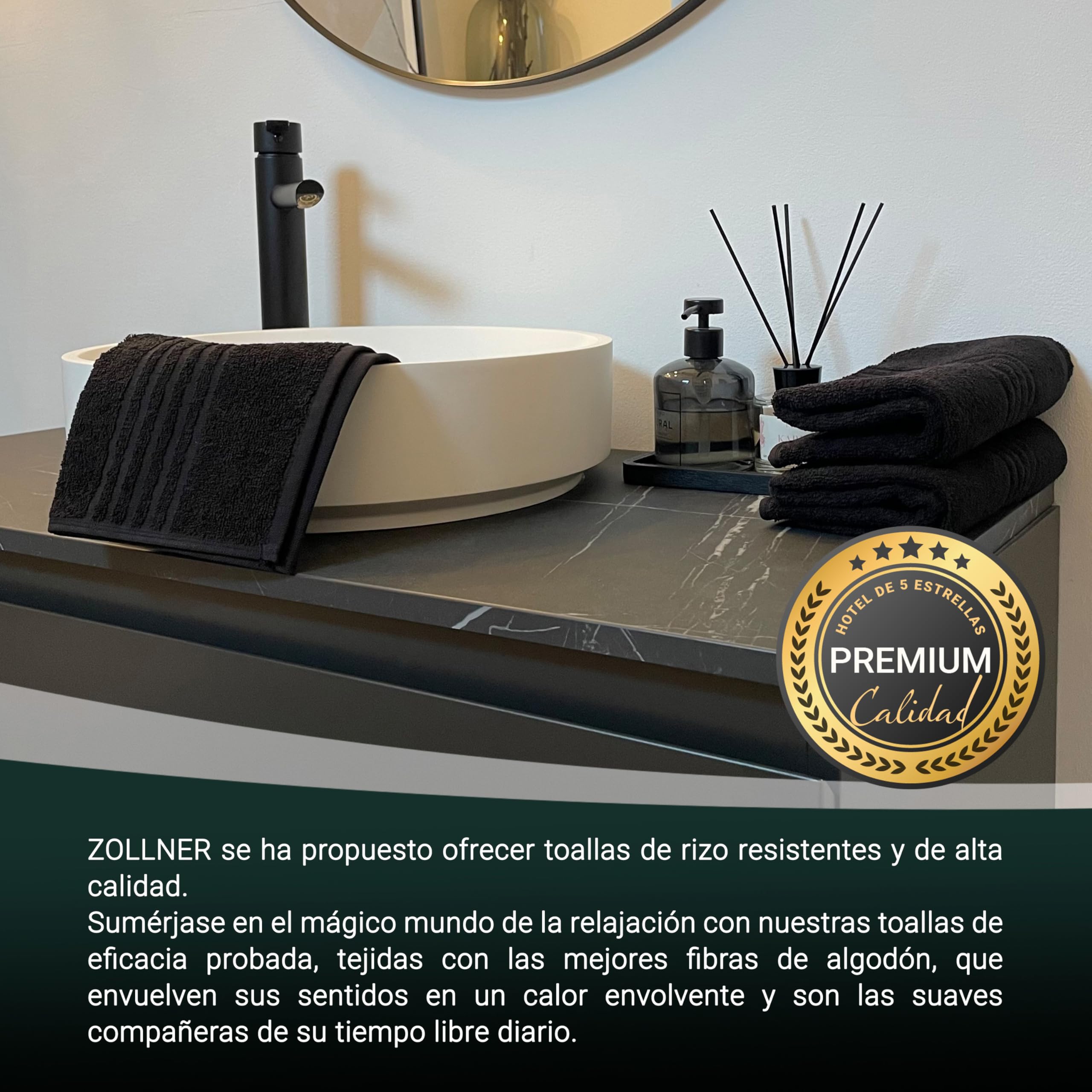 ZOLLNER Juego de 10 Toallas para huéspedes en 30x50 cm - Toallas absorbentes en Negro - con práctica Percha - con Tres Modernas Rayas de Tiro - Lavables hasta 95°C - algodón - Calidad hotelera