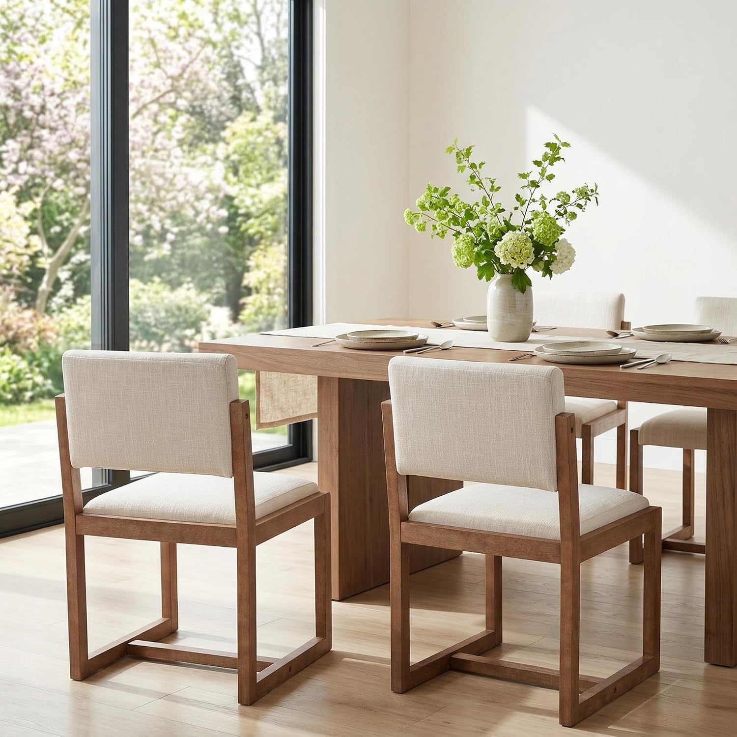 DUOMAY Upholstered Dining Chairs Set of 2, Mid-Century Modern Dining Room Chairs, Linen Fabric Kitchen Side Chairs with Wood Legs, Beige