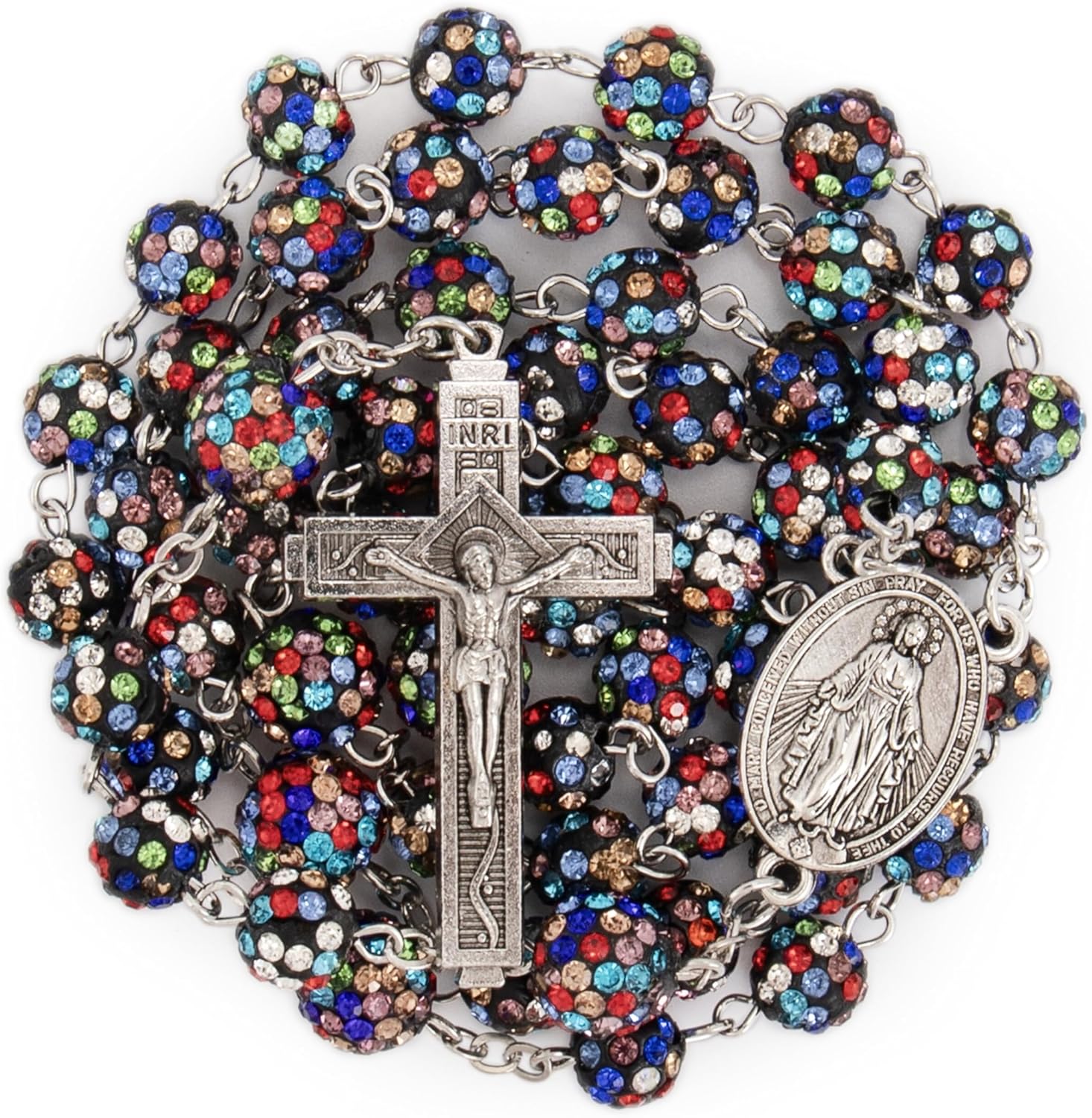 Nazareth Store Rhinestones Crystal Beads Rosary, Catholic Rosary Necklace with Silver Miraculous Medal INRI Crucifix, Multicolor Rosaries in a Gift Case