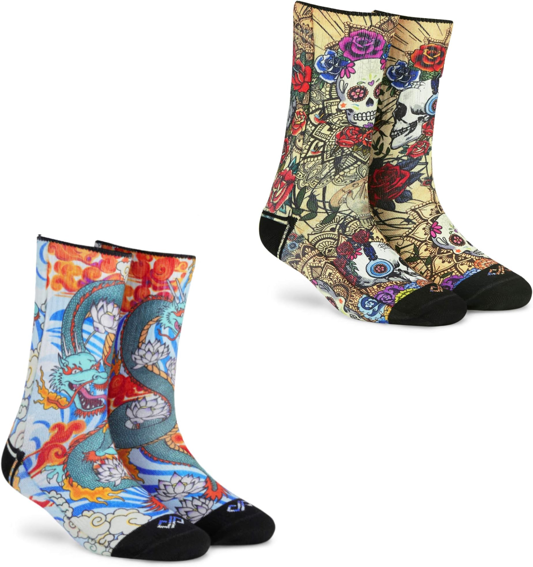 - DYNAMOCKS Men Polyester Blend & Women Crew Length Socks (Skulls+Dragon)(Combo Pack Of 2 Pairs; Anti-Odour; Breathable; Durable)