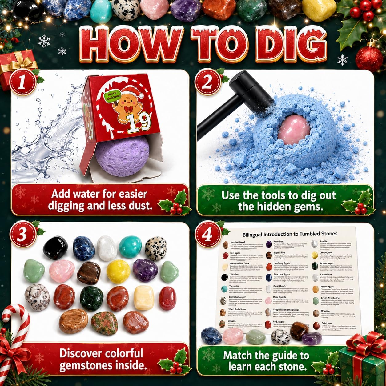 Advent Calendar 2026 Gemstone Dig Kit for Kids, 24-Day Christmas Countdown Gemstone Dig with 24 Natural Gemstones, Crystals & Minerals, 3 Digging Tools, STEM Geology Toy, Christmas Gift for Boys Girls