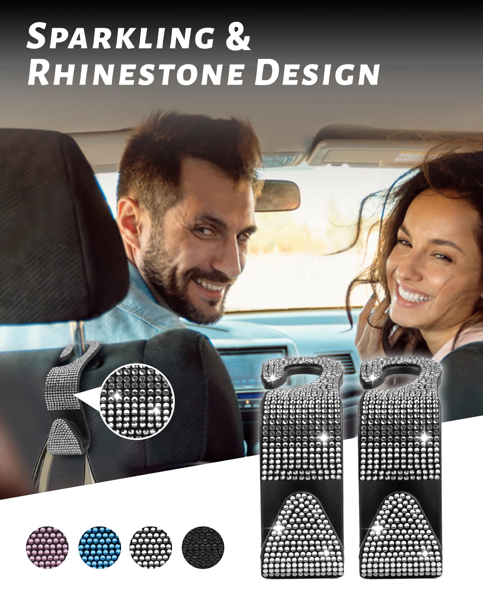 Condition photo showing New/Like New for Sparkling Car Seat headrest Hooks, 4 Pack, White Purse Holder for Car Headrest, Chic Automotive Accessories for Women Essentials Handbag Clothes Coats Grocery Bags