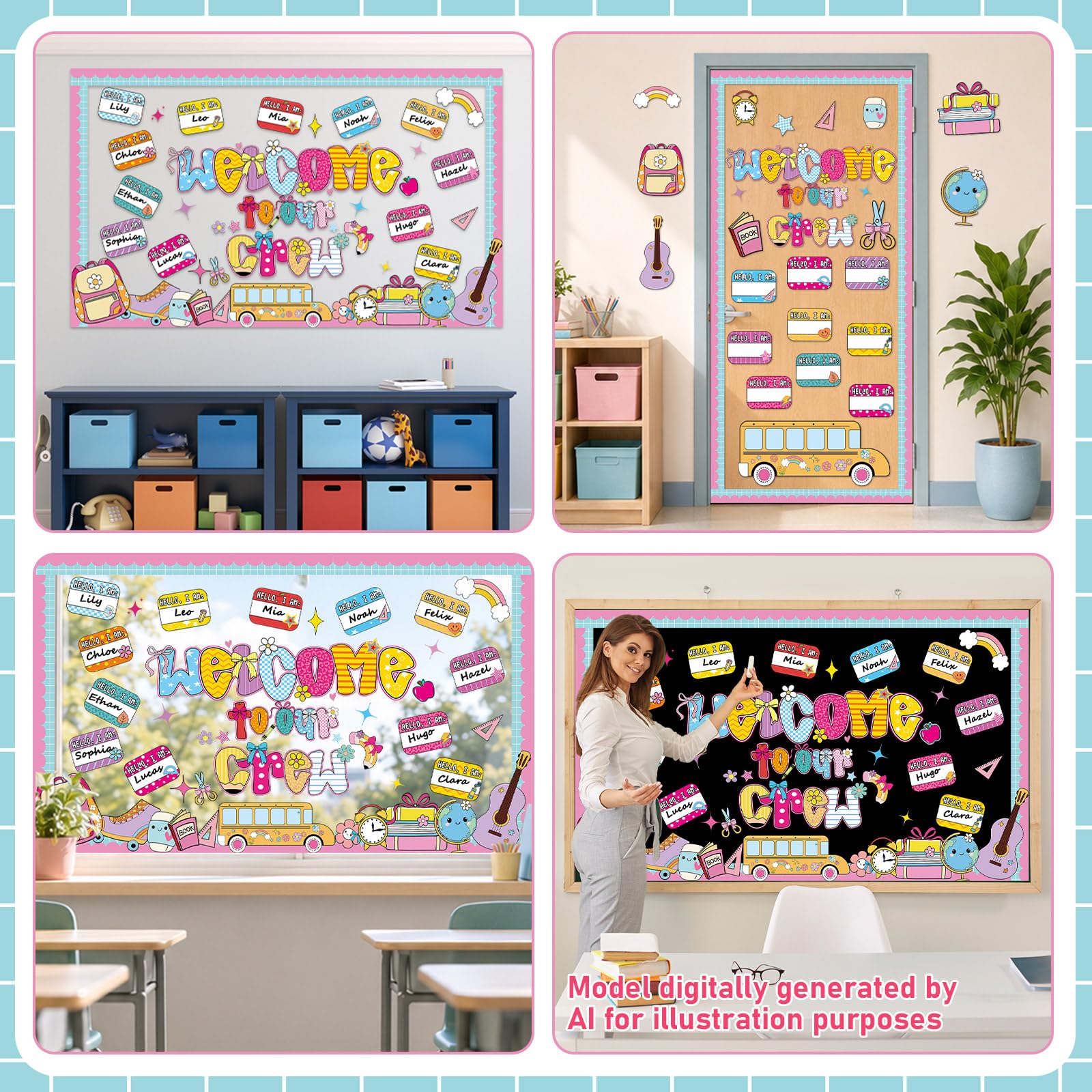 'Welcome Back to School' zestaw tablic ogłoszeniowych retro witamy w naszej klasie załogi dekoracja tablicy ogłoszeń kolorowa plakietka z imieniem motyw szkolny wycięcie nauczyciel biurowa tablica