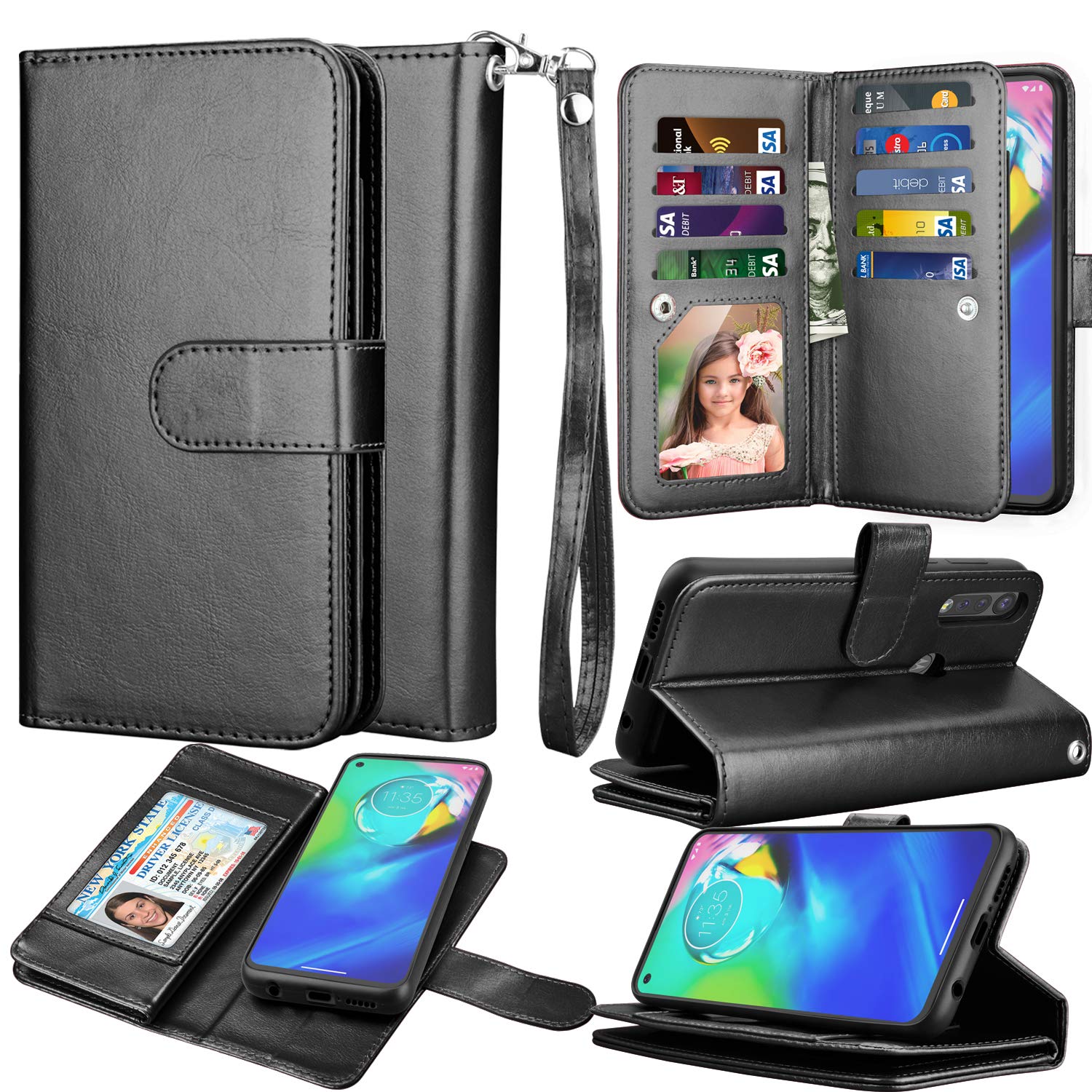 Moto G Power Case, Wallet Phone Case Motorola G Power, Takfox PU Leather w 9 ID Credit Card Holder Slots Folio Flip Magnetic Detachable Hard Cover Case & [Wrist Strap] for Motorola Moto G Power-Black
