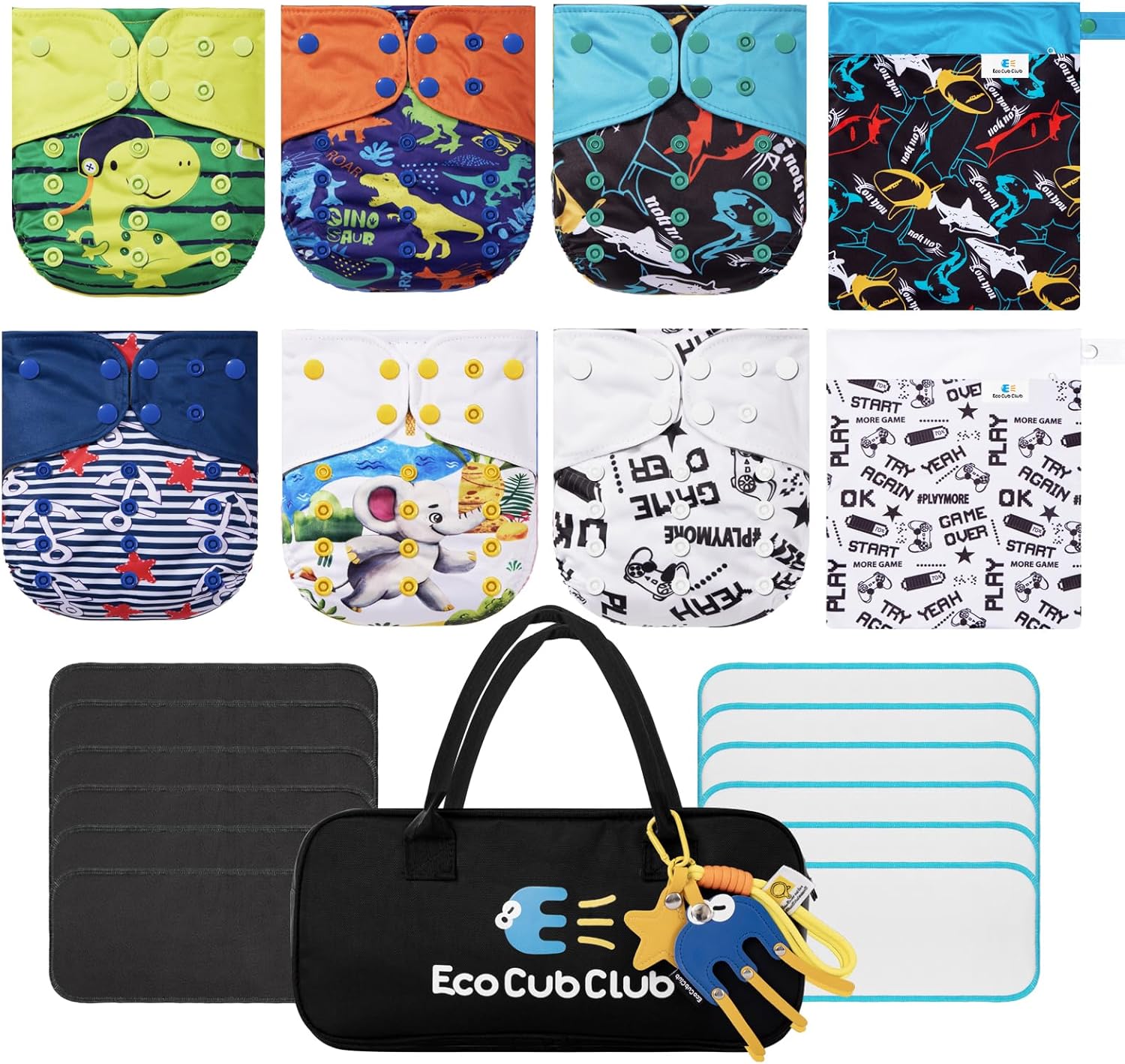 Reusable Washable Cloth Diapers 6pcs for Baby Shower,Leak-Proof Double Gussets Quick-Dry AWJ Lining,12 Soft Fleece Inserts & 2 Wet Bags,Packed in Durable Travel Handbag&Key Chain-B-02-A