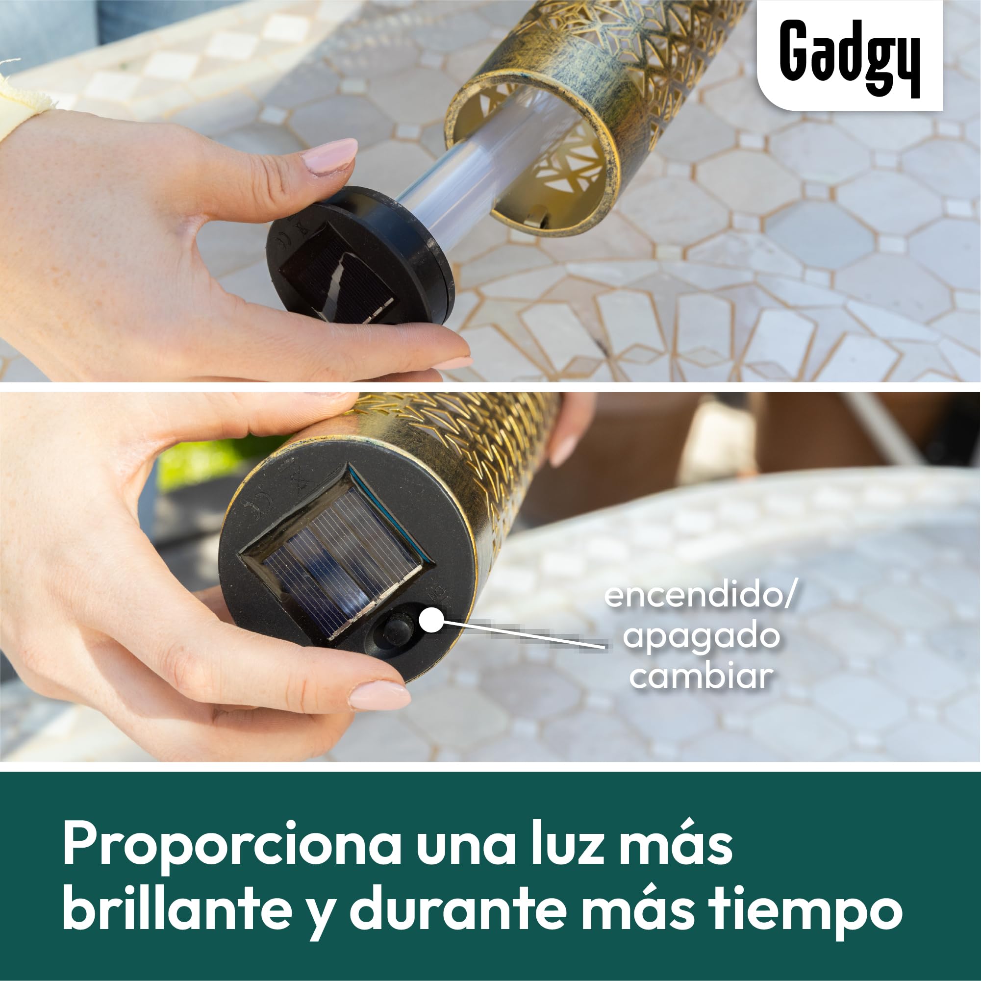 Gadgy Antorchas Solares LED con Efecto Llama en Movimiento – Set de 2 Luces Solares de Jardín de Metal – Iluminación Solar para Exterior, Jardín, Terraza o Balcón
