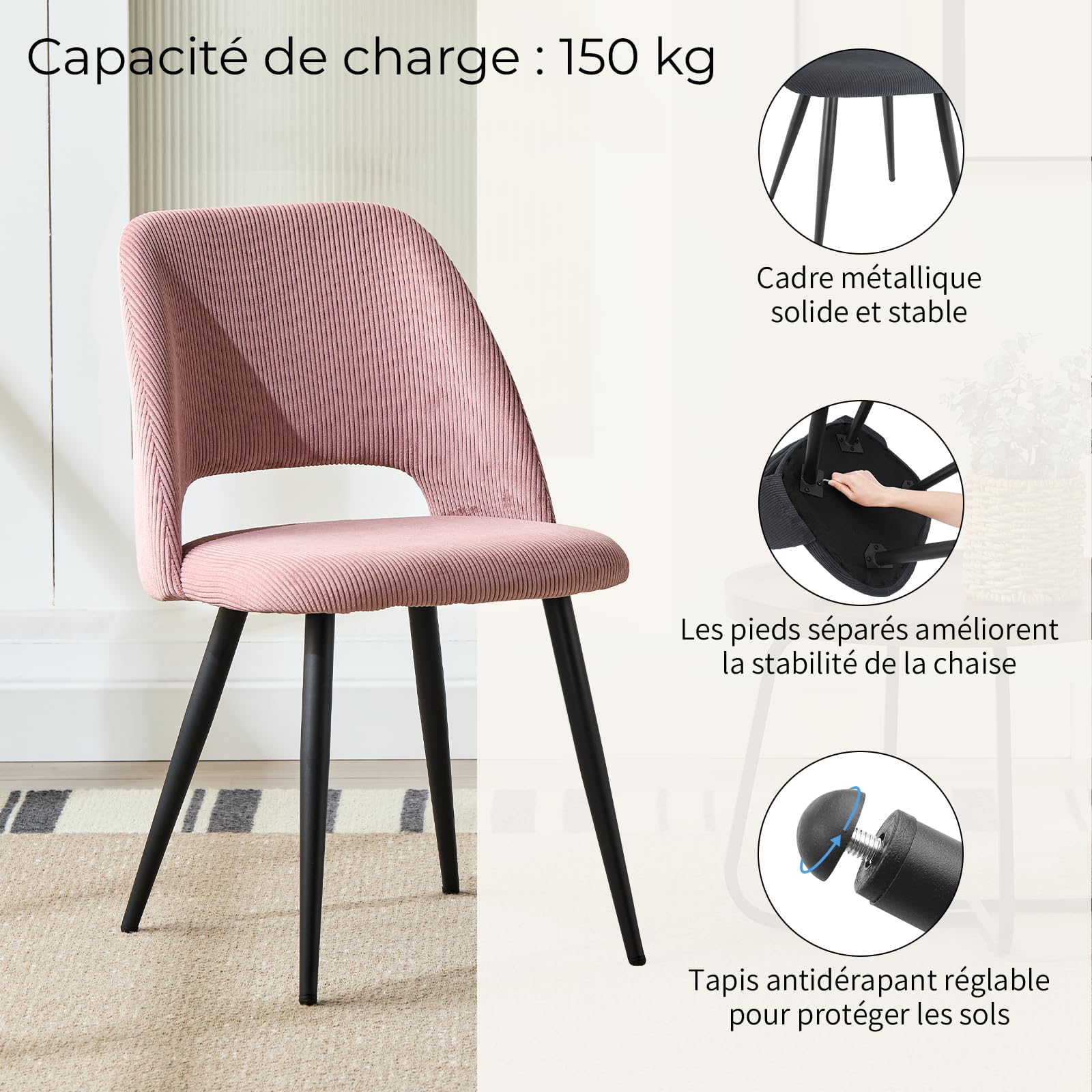 JIJIAN Lot de 4 Chaises de Salle à Manger, Chaises de Cuisine, Chaise de Salon, Chaise en Velours avec Dossier Découpé, Chaises Rembourrées pour Salle à Manger, Cuisine, Chambre, Réception, Rose