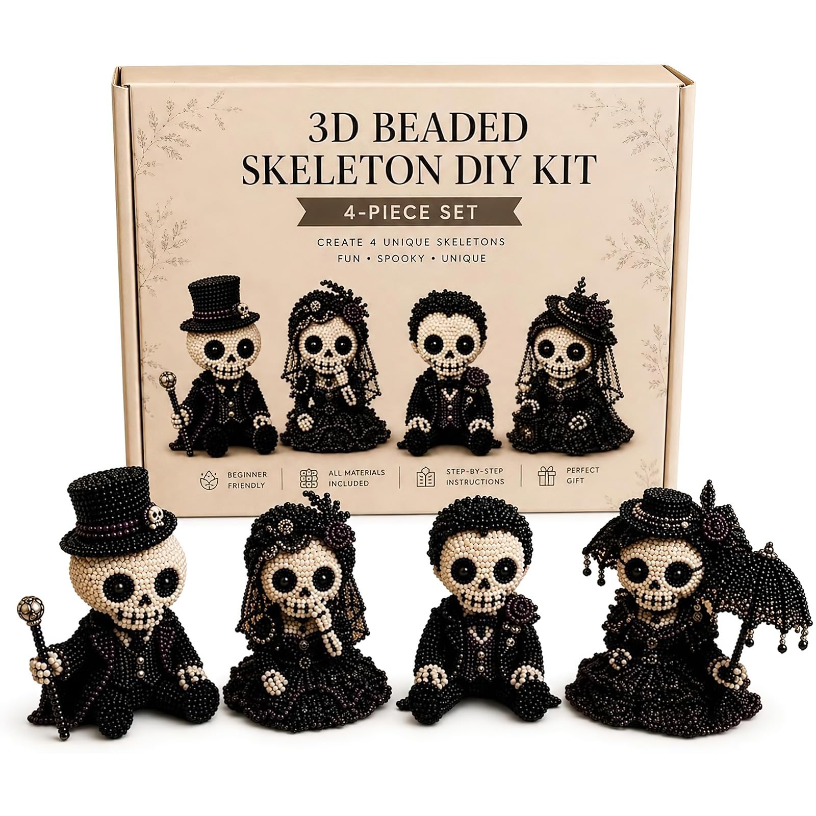 OEHUG 3D Beaded Skeleton DIY Kit,3D Beaded Skull Skeleton Craft Kit Set with Instructions,Beginner Friendly DIY Skeleton Figurines for Adults & Kids (D(Set)