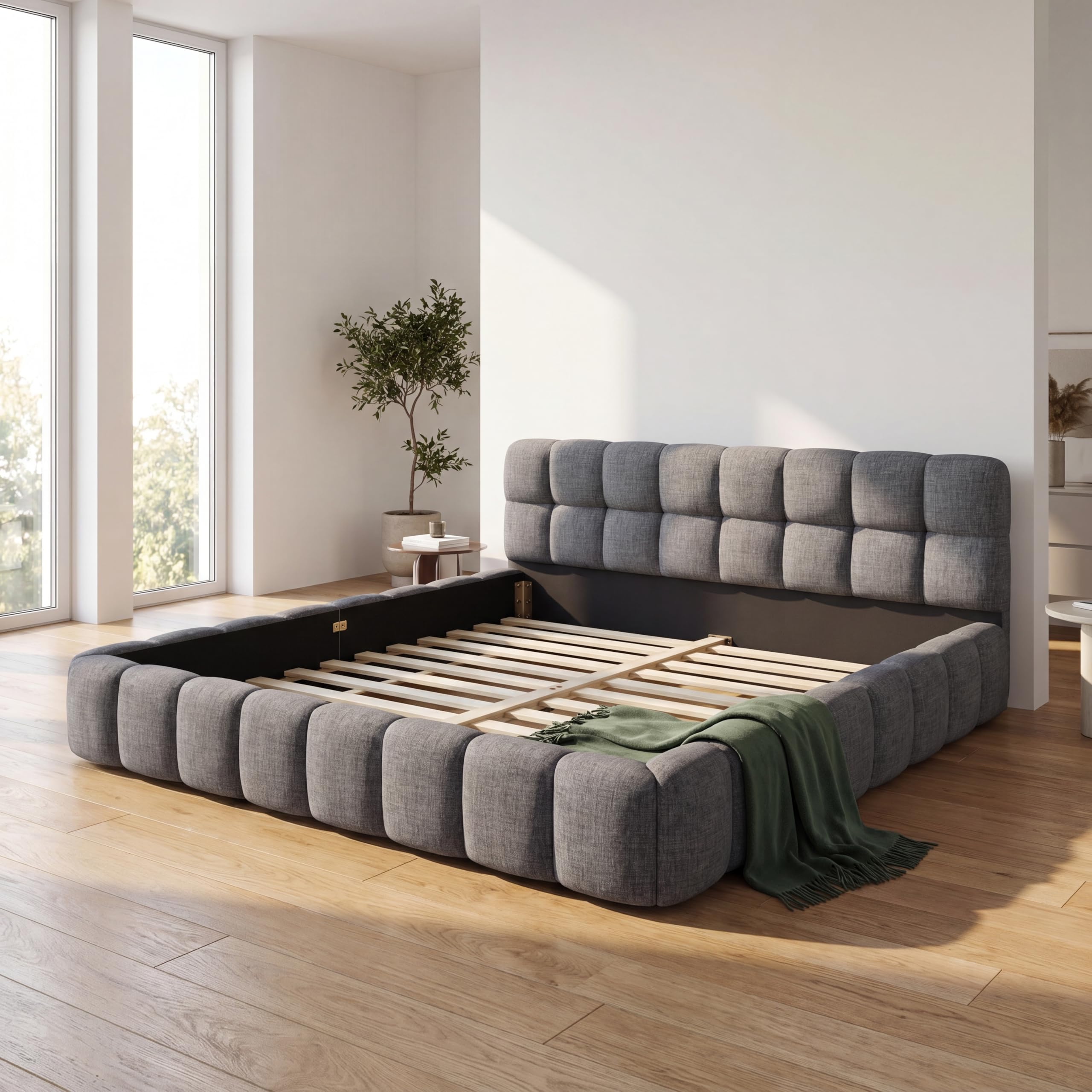 Lit Bulle 140x190 avec sommier à Lattes et tête de lit rembourrée, Cadre de lit Bas, Lit Double capitonné,Lin, sans Matelas (Gris, 140 x 190 cm)