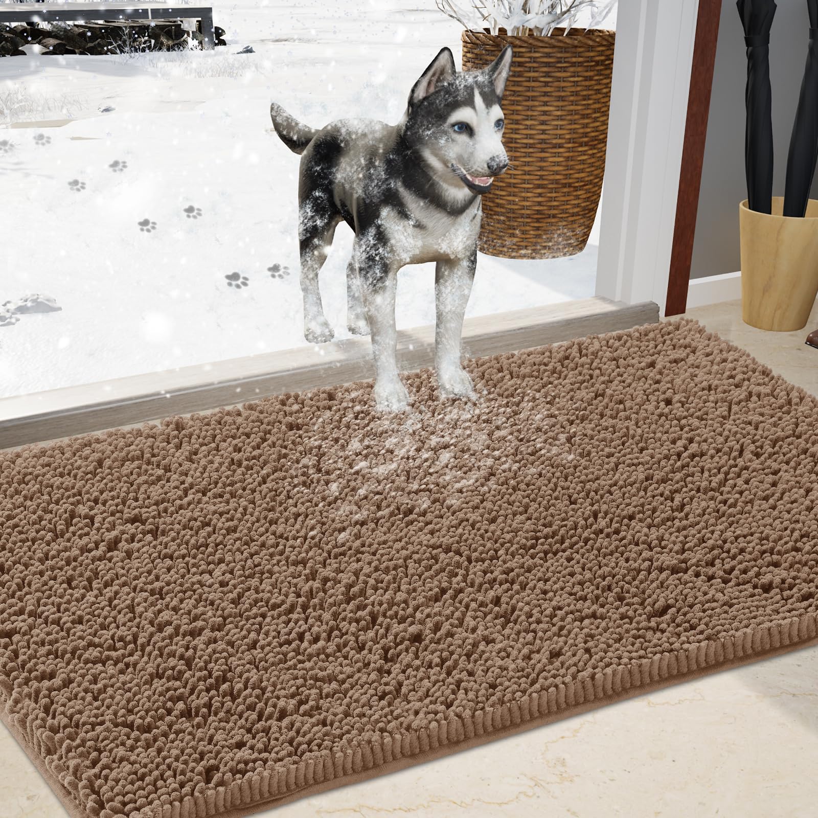IM HOME Durable Chenille Absorbent Outdoor Doormat 36" x 60", Muddy Washable Door Mats for Dog Non Slip Indoor Doormat Front Inside Doormat for Entryway, Mud Dog Paws, Patio Camel