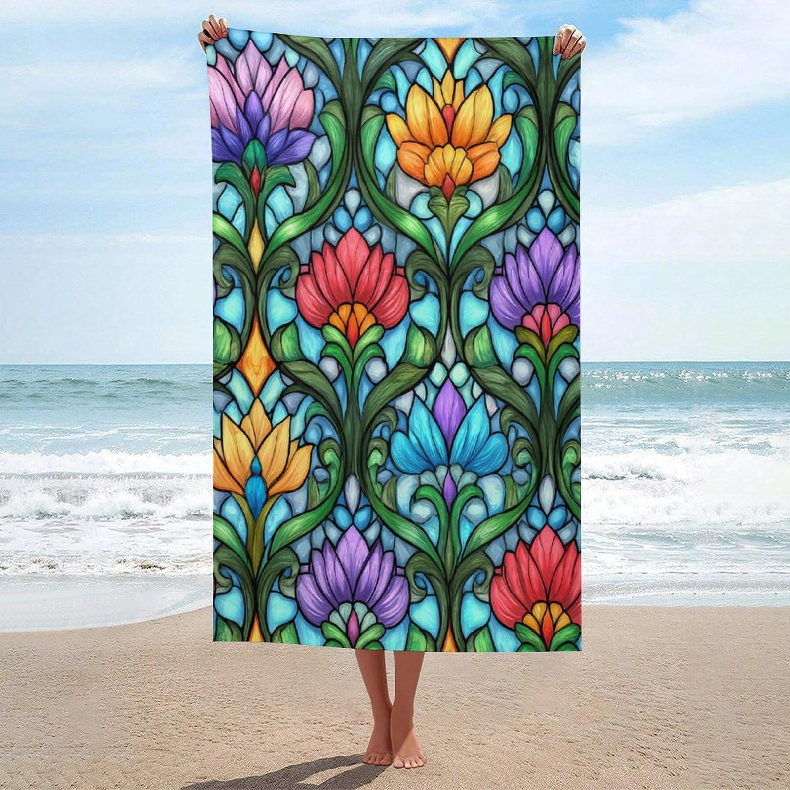 LSRCPD Stained Glass Floral Mandala Beach Towel Sand Free Microfiber Large Shower Towels Multipurpose Absorbent for Bathroom Pool 130x80 CM