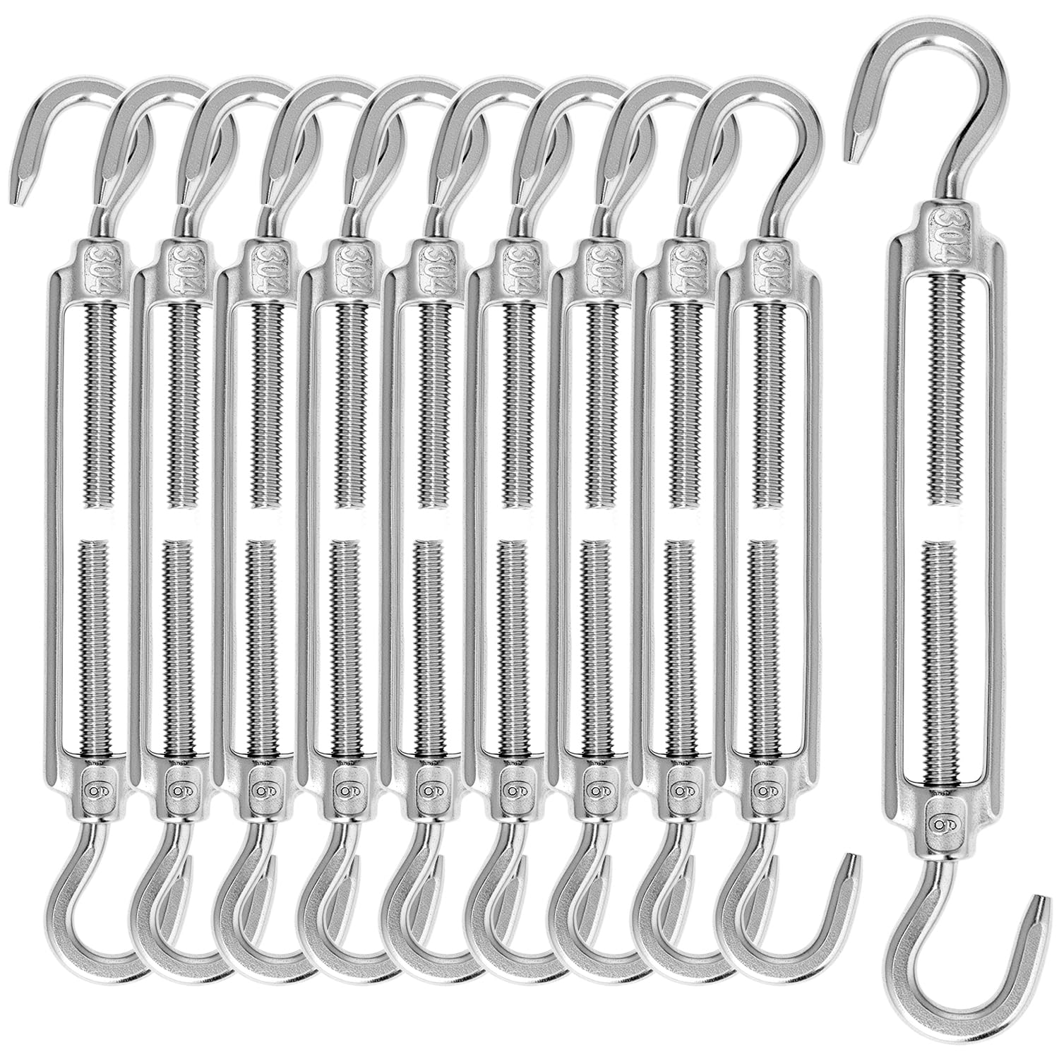 Qwork 10Pcs Qwork® 10 Pcs M6 Screw Fastener Tensioner, 304 Stainless Steel Turnbuckles, Adjustable Hook And Hook Set