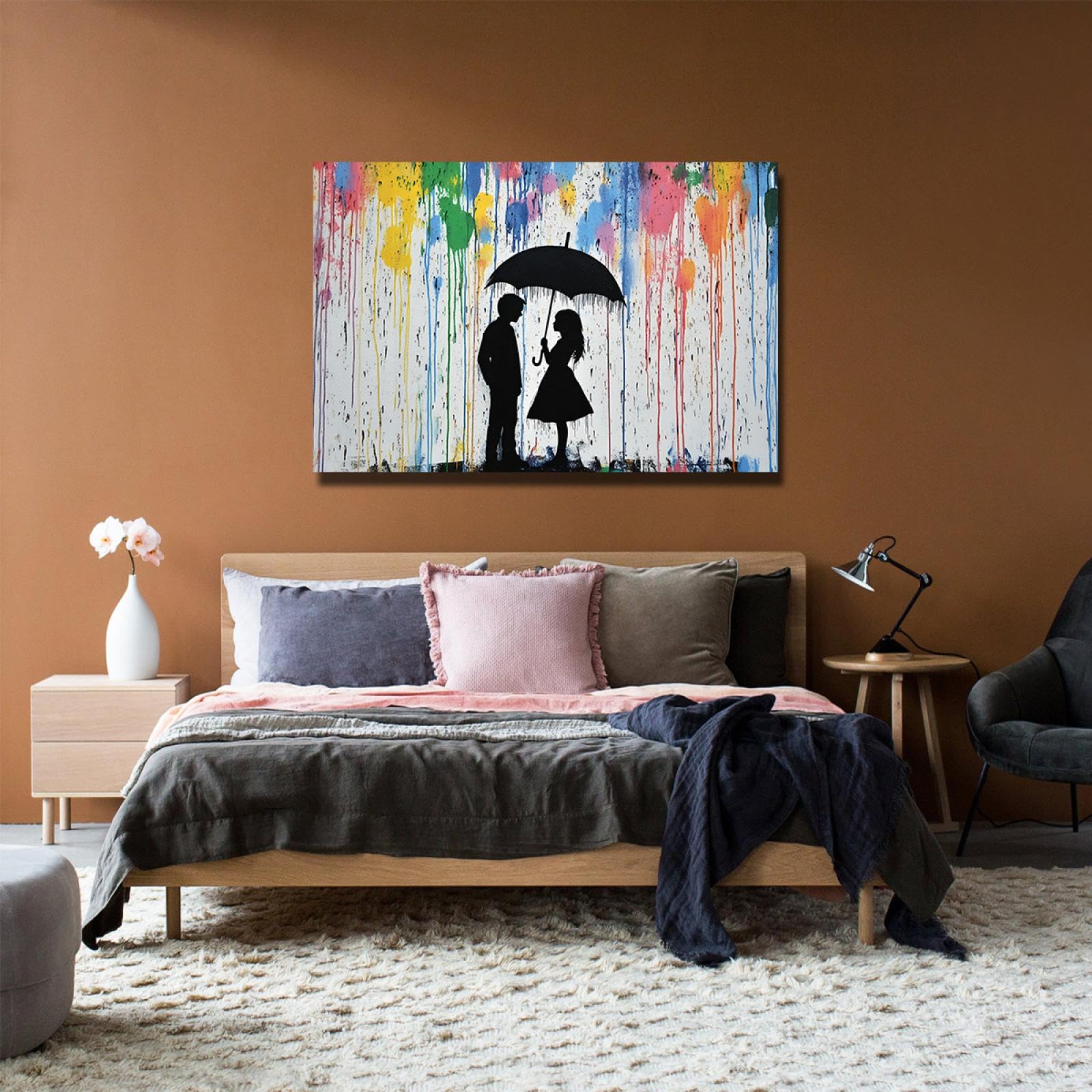 SHENGPOSTER Stampe su tela graffiti ad acquerello giovane uomo e donna coppia con ombrello poster di arte della parete per soggiorno camera da letto bagno decorazioni per la casa 40x56cm Innerframe