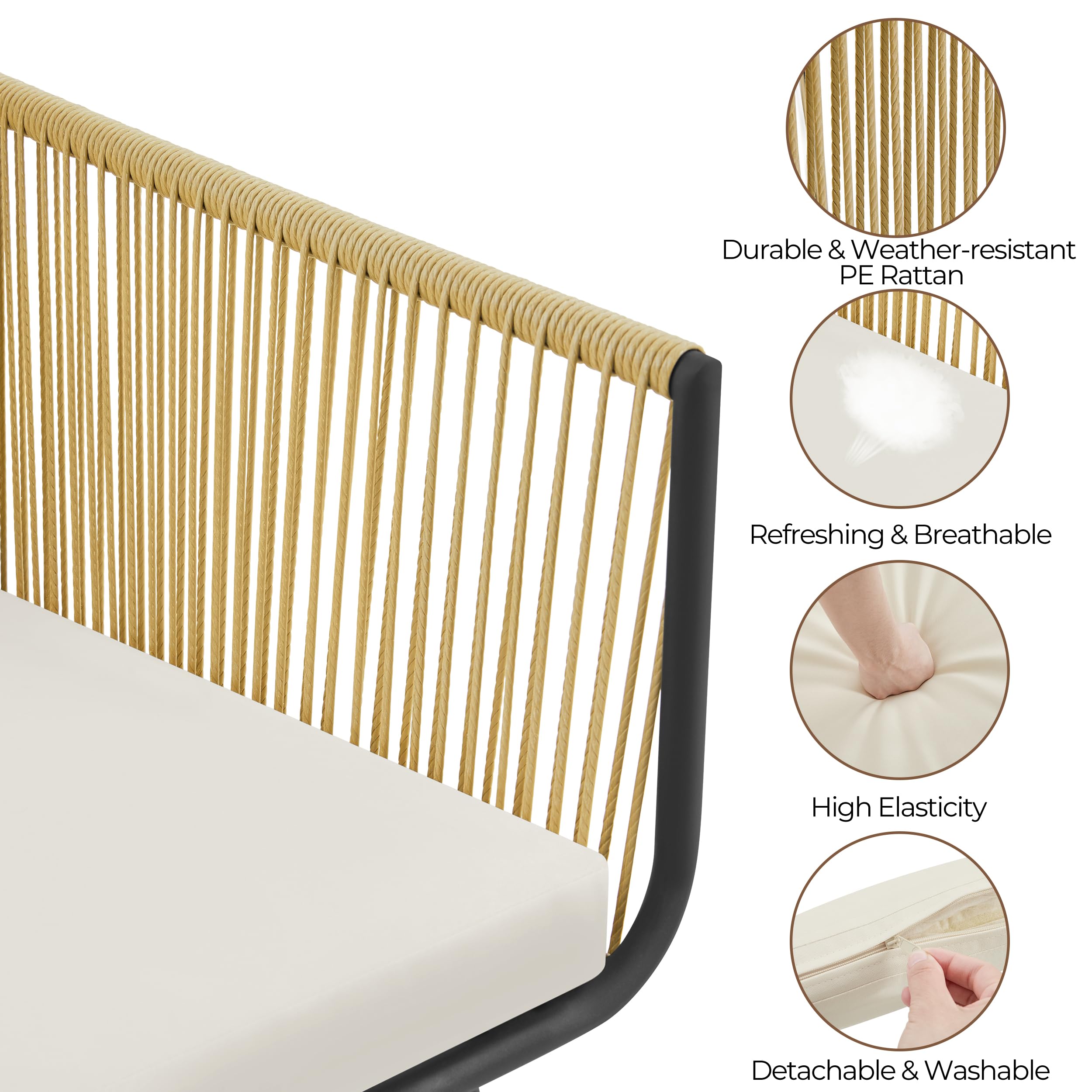 Yaheetech 3TLG. Rattan Balkonset, Gartenmöbel Set inkl. 2 Stühle mit 6cm Dick Sitz- und Rückenkissen & 1 Tisch mit 5mm Dick Hartglasplatte, Gartensitzgruppe für Balkon Outdoor, Hellbraun/Cremeweiß