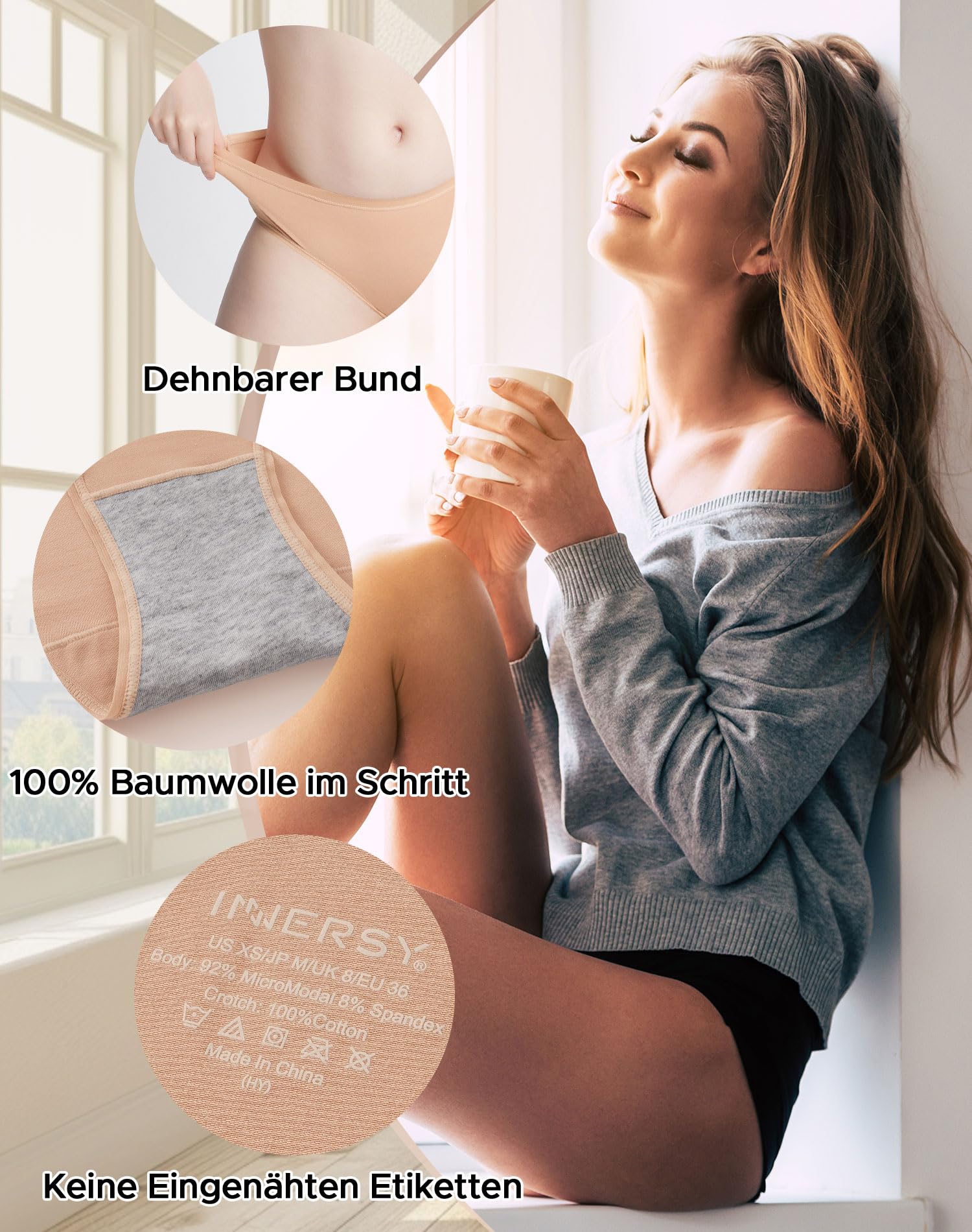 INNERSY Majtki damskie, mikromodal, wygodne majtki, wielopak, z mikrofibry, hipsterska bielizna, 5 sztuk