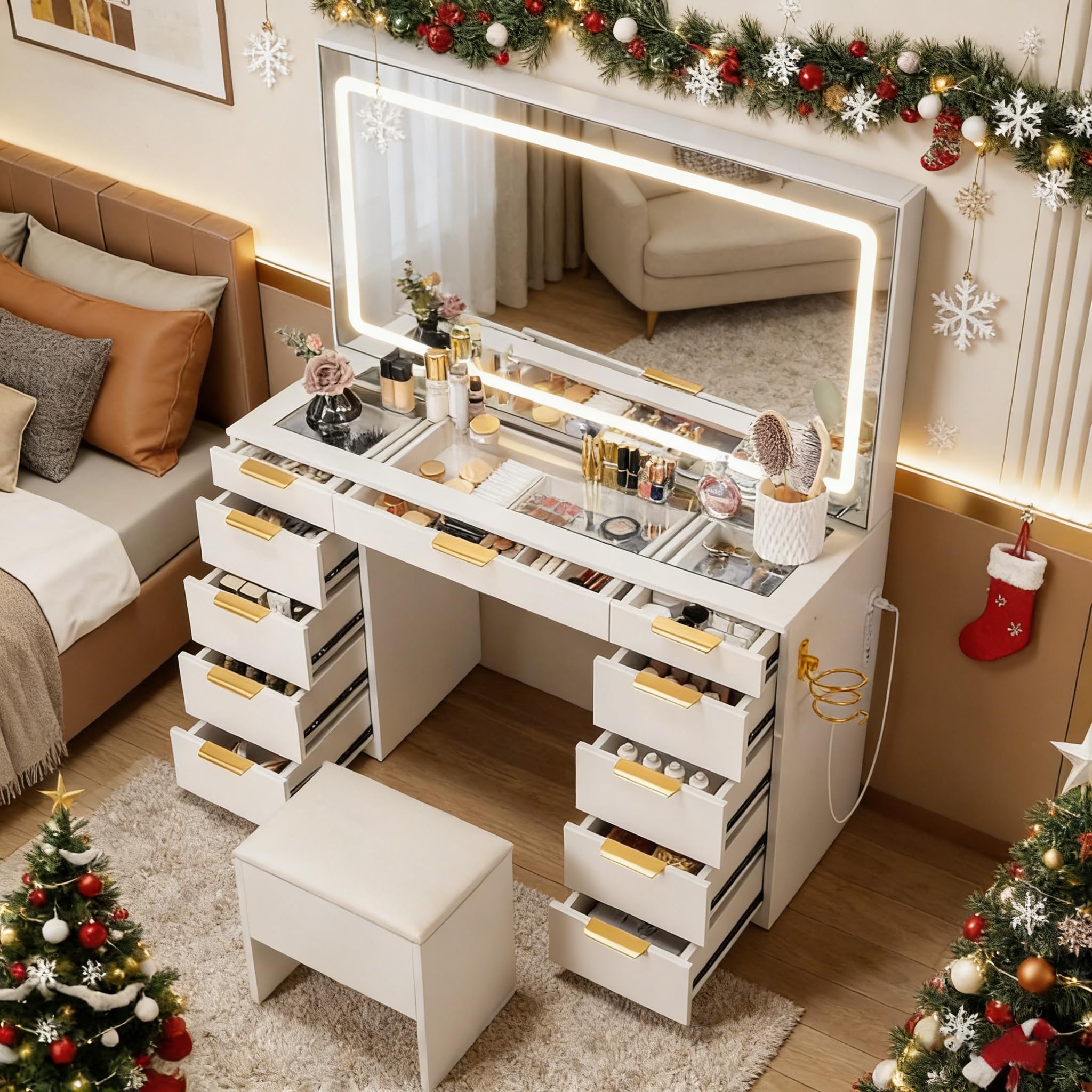 Photo 1 of Fkhouse Glass Top Makeup Vanity with LED Lighted Mirror, 11 Drawers Vanity Desk with Stool, Dressing Table with Power Outlet, Adjustable Lighting Modes, Golden Handles, White