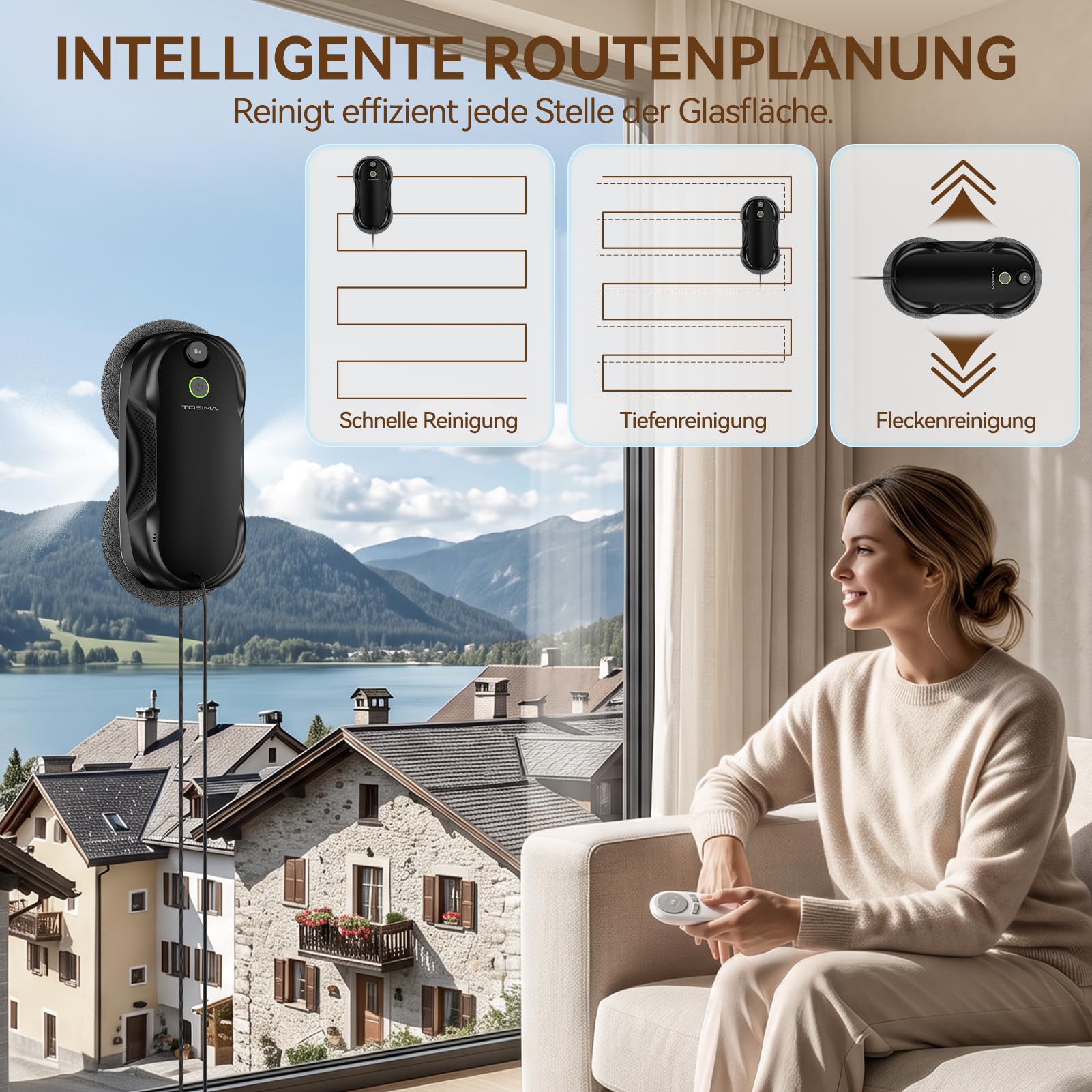 Tosima W5 Fensterputzroboter mit bidirektionalem Ultraschall-Nebelsprühfunktion, 6400Pa adaptiver Saugkraft und intelligenter Kantenerkennung für Fensterreinigung, 2026 verbesserte Version, Schwarz