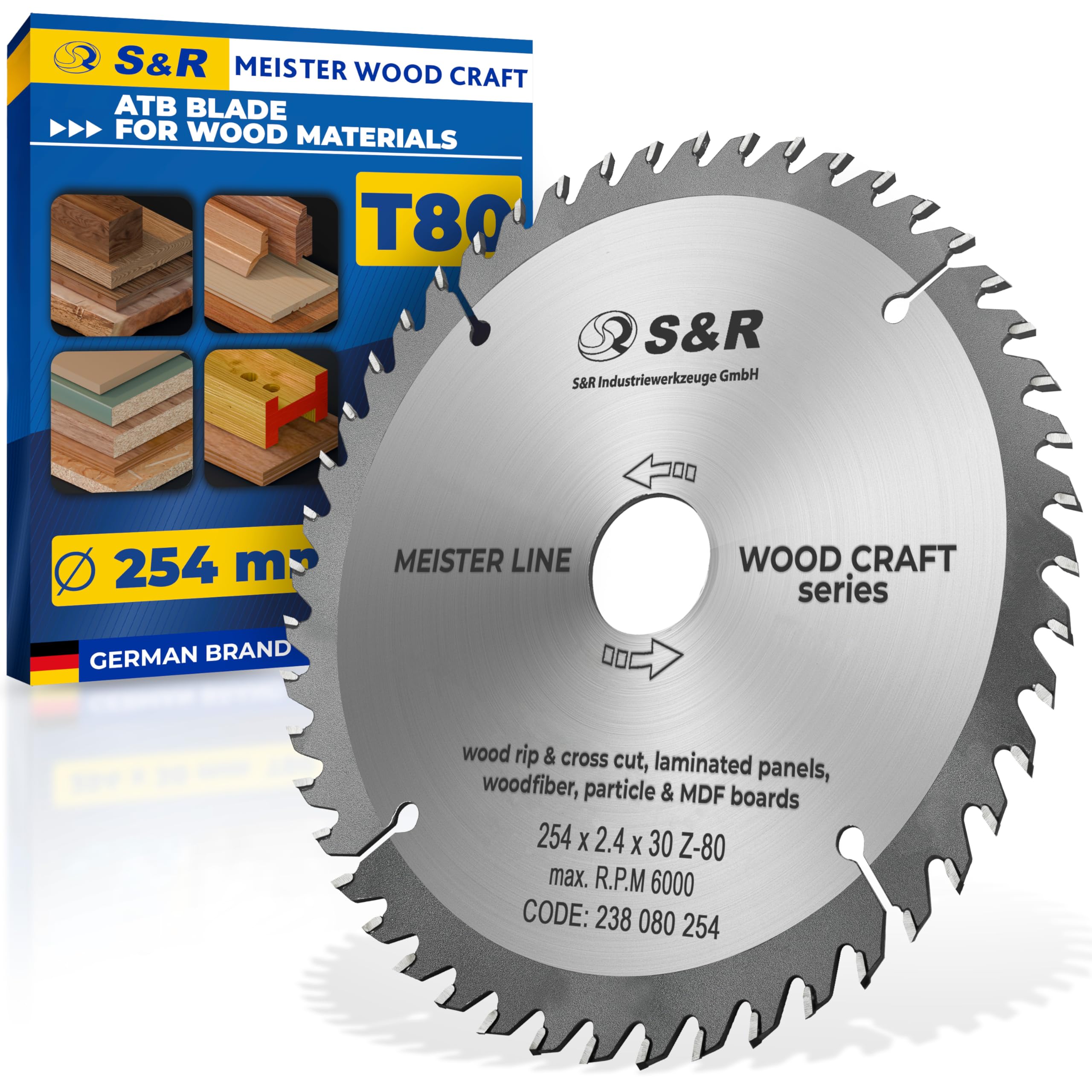 S&R Circular Saw Blade 254 mm x 30 mm – 80T ATB Teeth – Woodcraft Blade for Hardwood, Softwood, MDF, Chipboard – Includes Reducer Rings 25.4 mm & 20 mm – Professional Quality