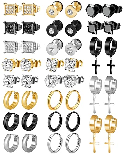 ONESING Stainless Steel Earrings for Men Inlaid stud Cross Dangle Hinged CZ Earrings Stud Hypoallergenic Earrings Huggie Earrings Set for Women Men Ear Piercing Jewelry Black Steel Gold - Multicolour-A