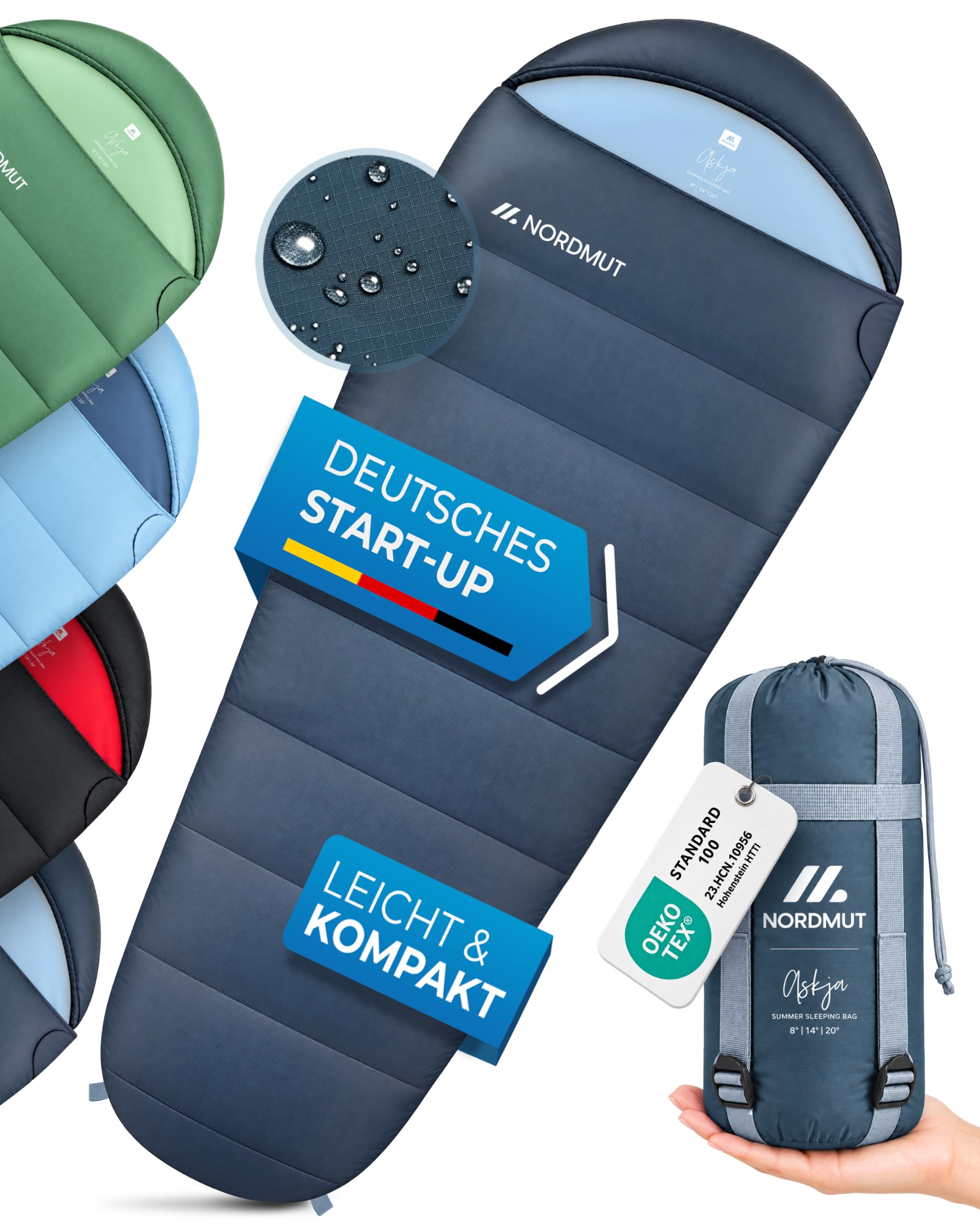 NORDMUT® Schlafsack Erwachsene – kleines Packmaß & Ultraleicht (900/1500g) – 3-Jahreszeiten (250 GSM) & Sommerschlafsack (100 GSM) – Mumienschlafsack für Camping, Outdoor & Festivals